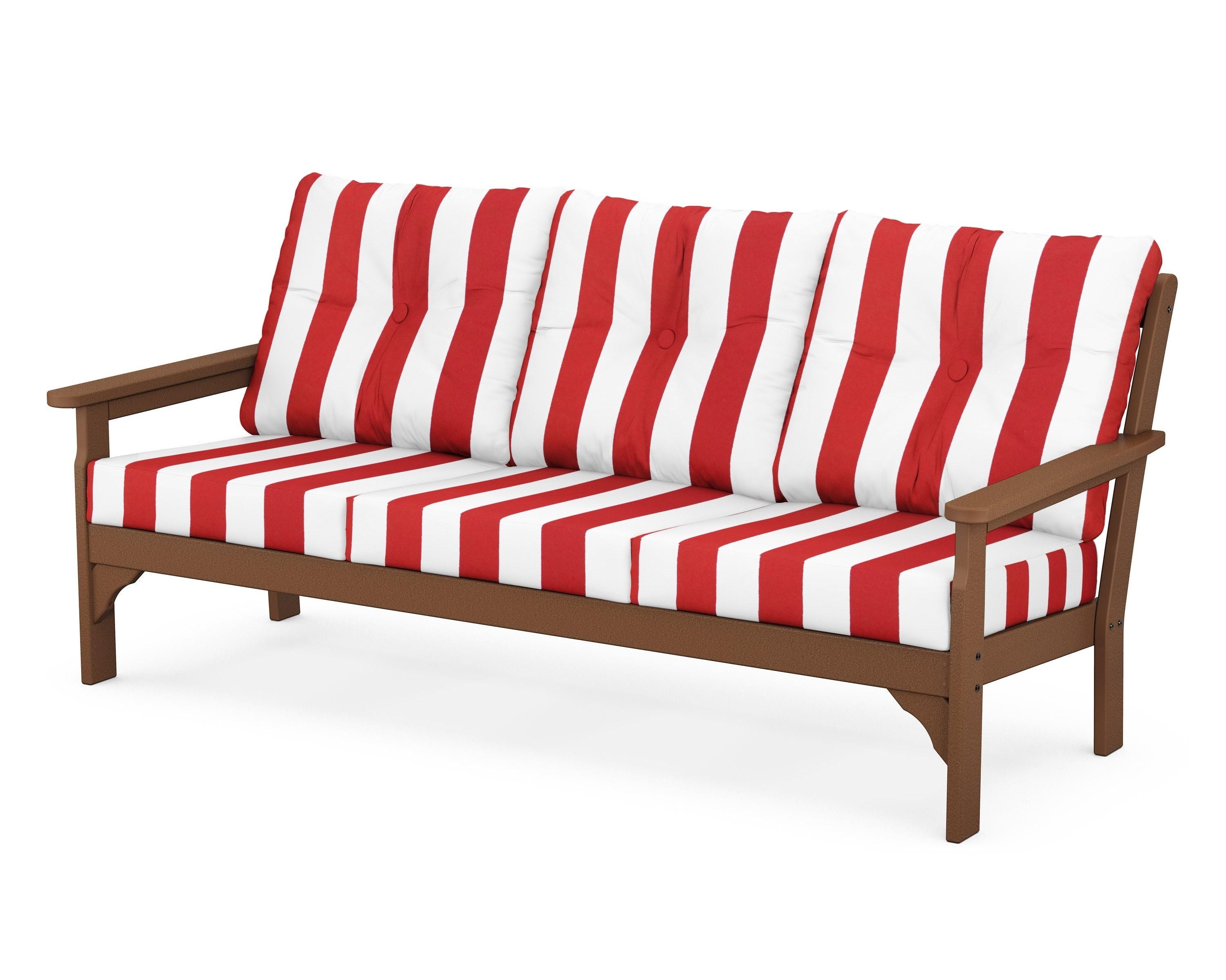 POLYWOOD® Vineyard Deep Seating Sofa in Teak / Cabana Stripe Crimson
