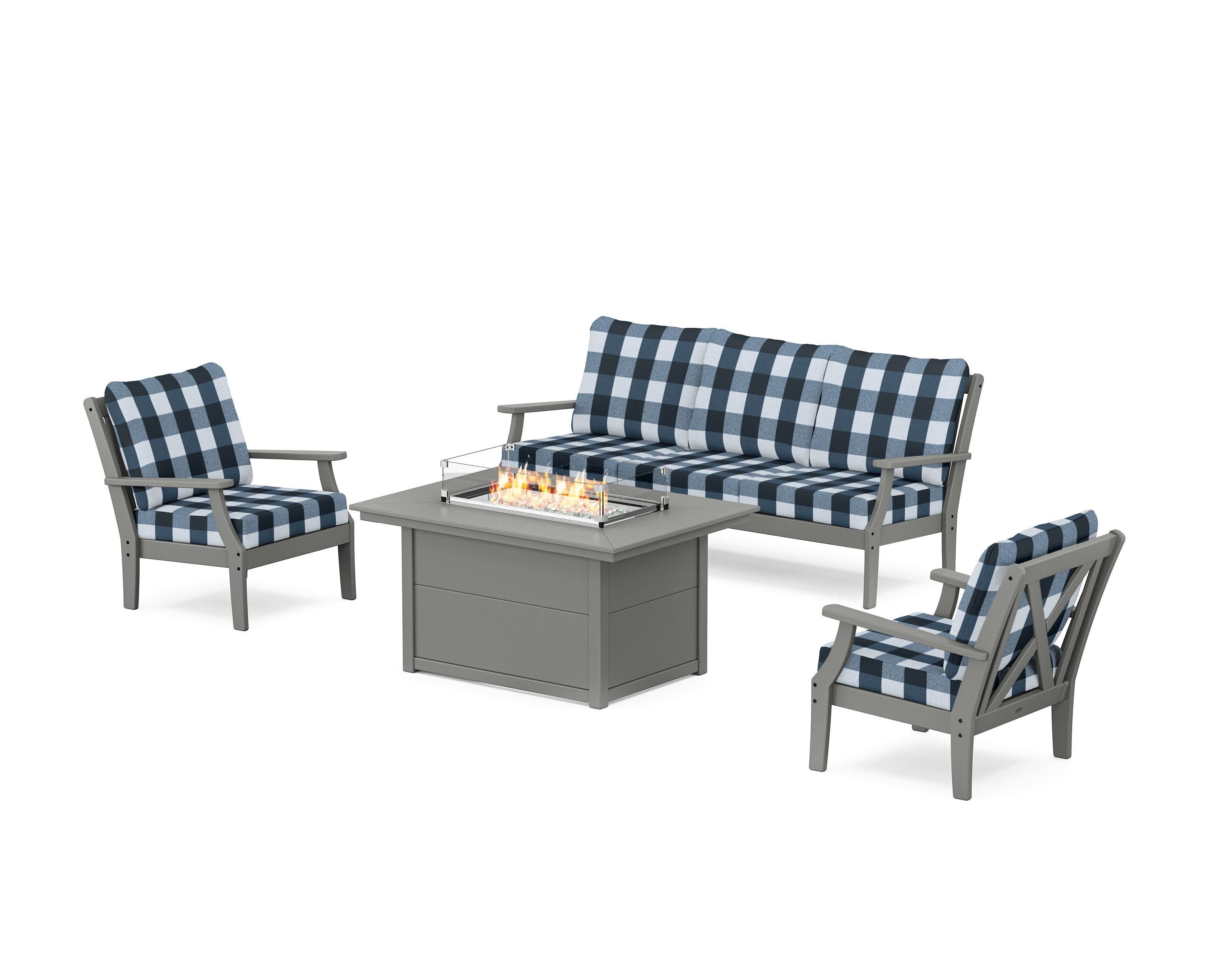 POLYWOOD® Braxton Deep Seating Fire Pit Table Set in Slate Grey / Buffalo Plaid Marine Indigo