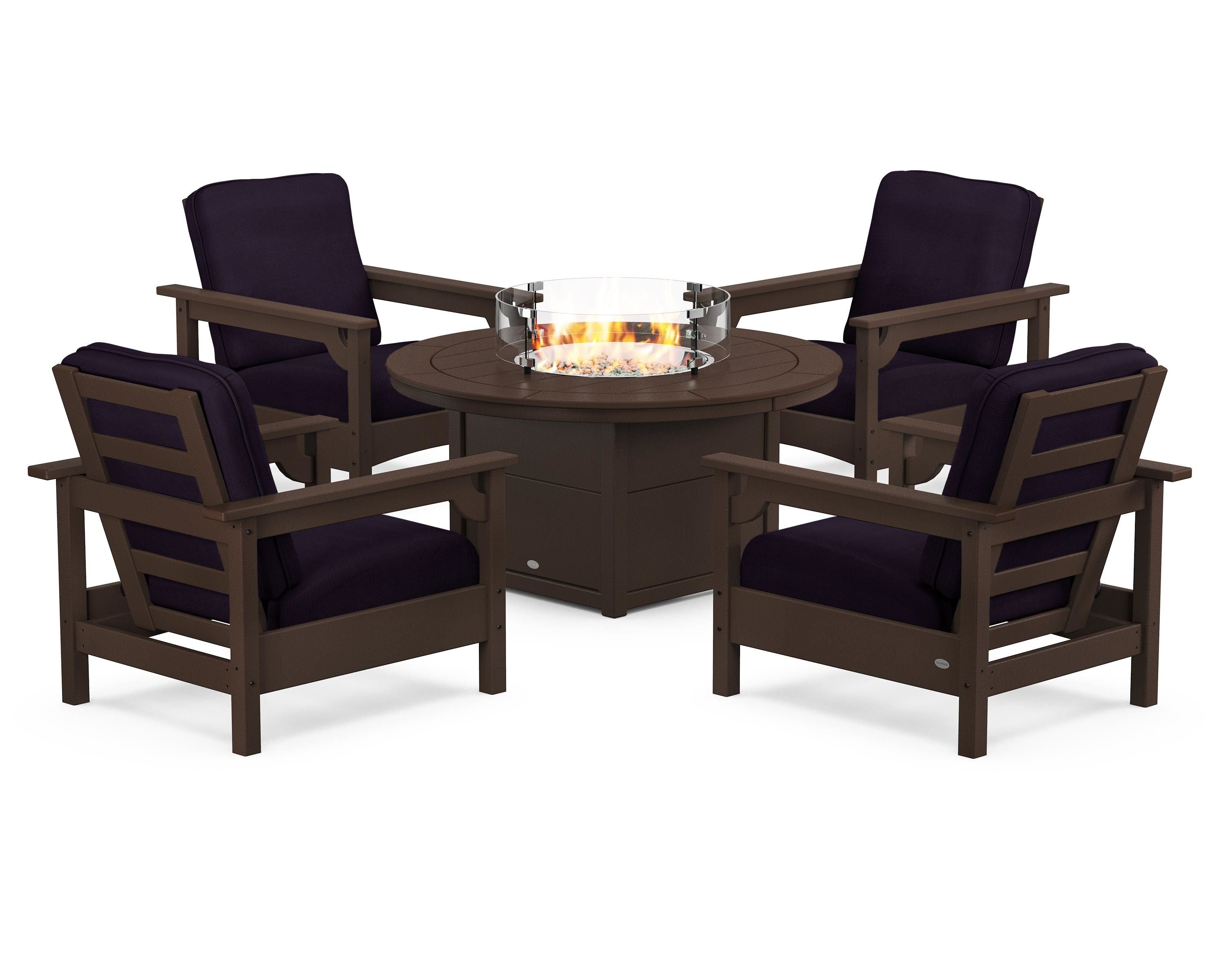 POLYWOOD® Club 5-Piece Conversation Set with Fire Pit Table in Mahogany / Navy Linen
