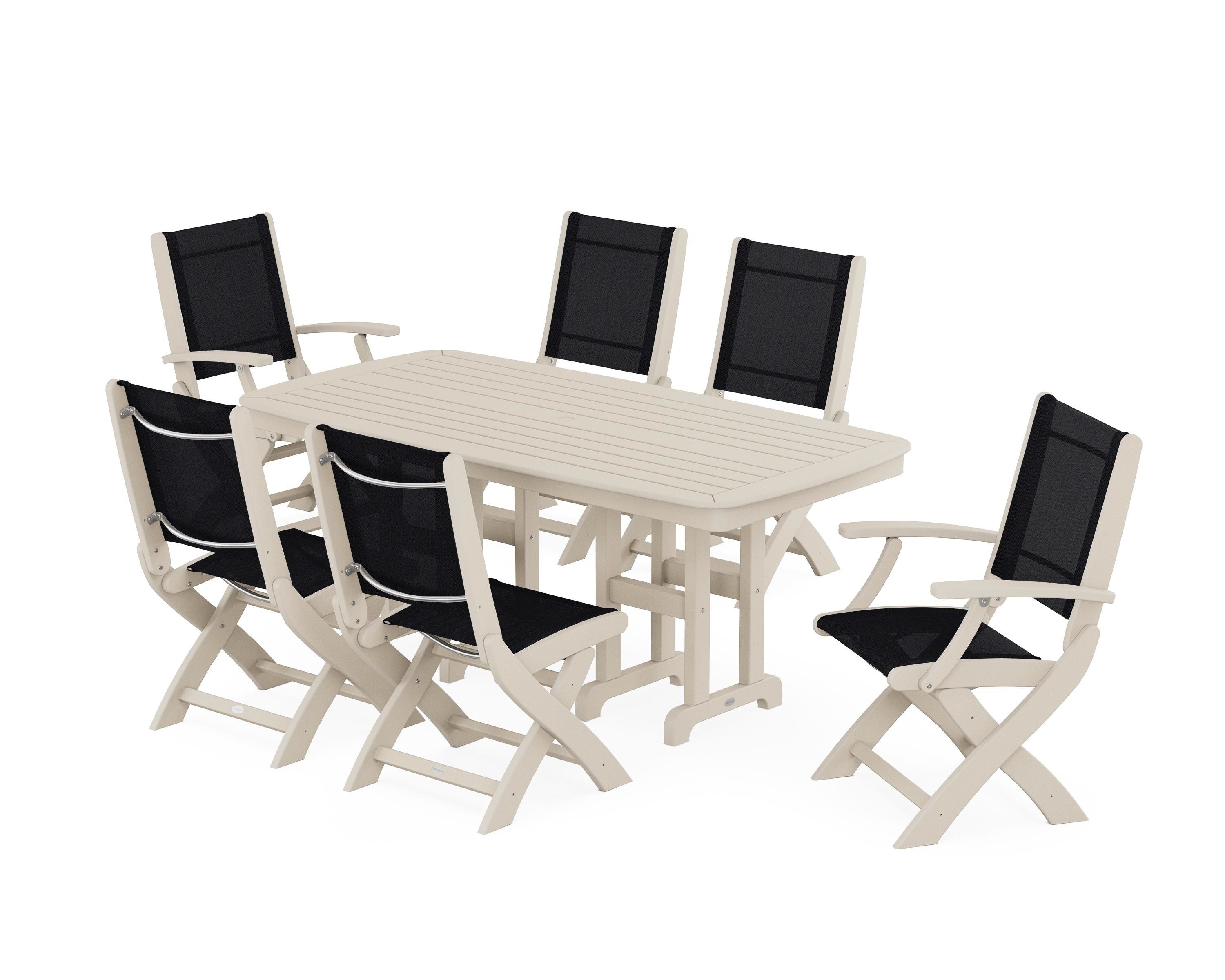 POLYWOOD® Coastal Folding Chair 7-Piece Dining Set in Sand / Black Sling