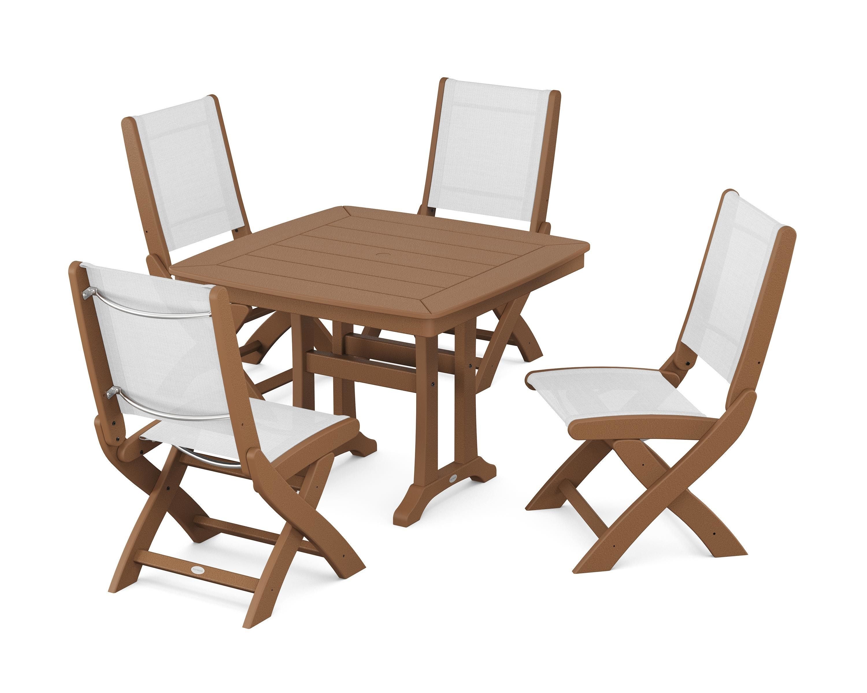 POLYWOOD® Coastal Folding Side Chair 5-Piece Dining Set with Trestle Legs in Teak / White Sling