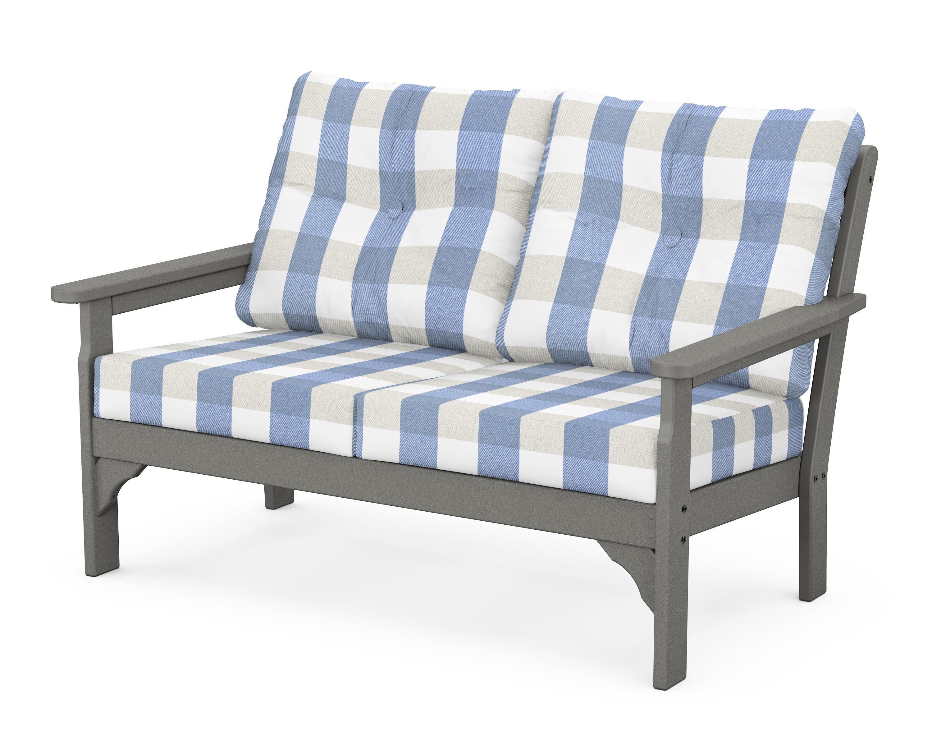 POLYWOOD® Vineyard Deep Seating Loveseat in Slate Grey / Buffalo Plaid Sky Blue