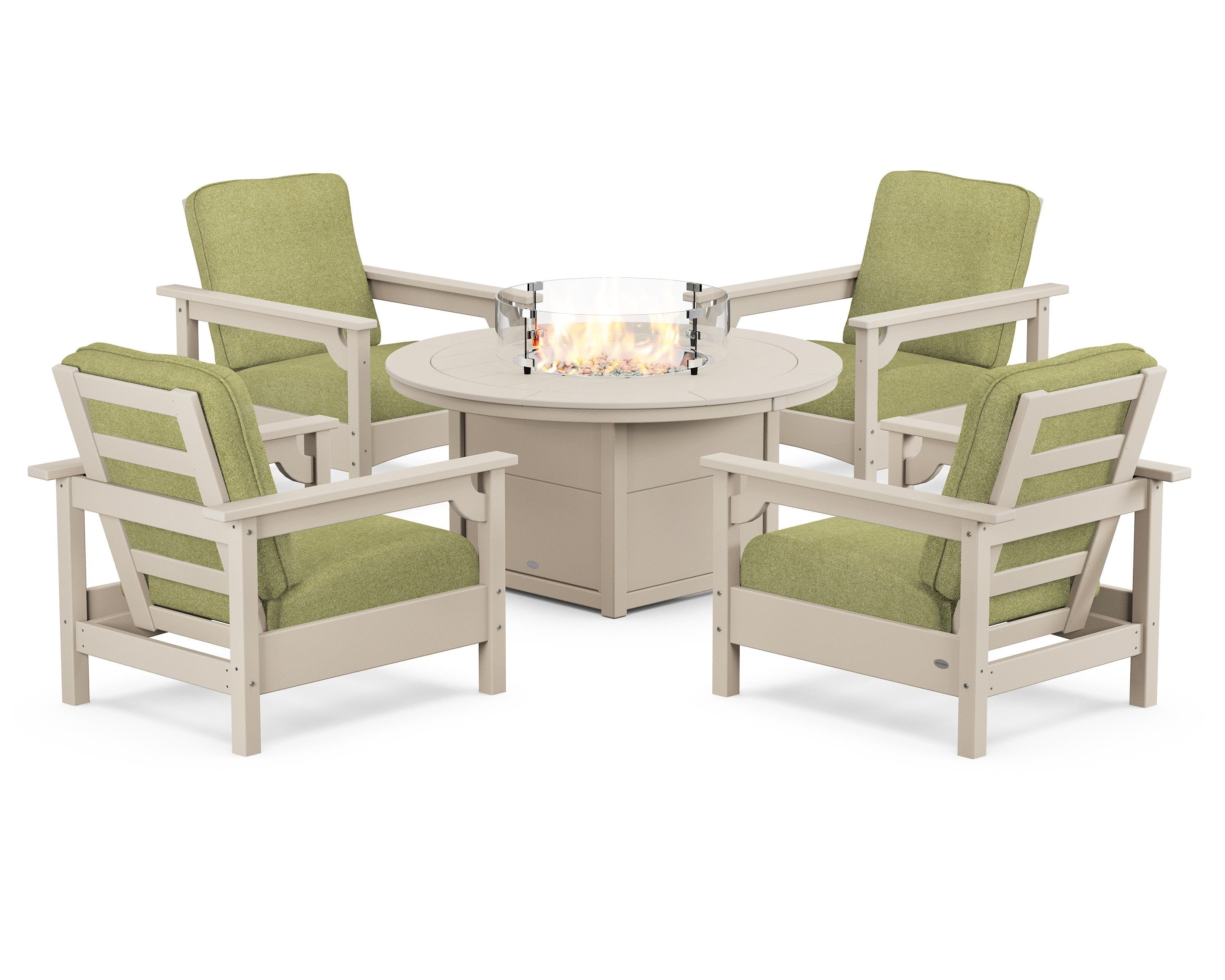 POLYWOOD® Club 5-Piece Conversation Set with Fire Pit Table in Sand / Chartreuse Boucle