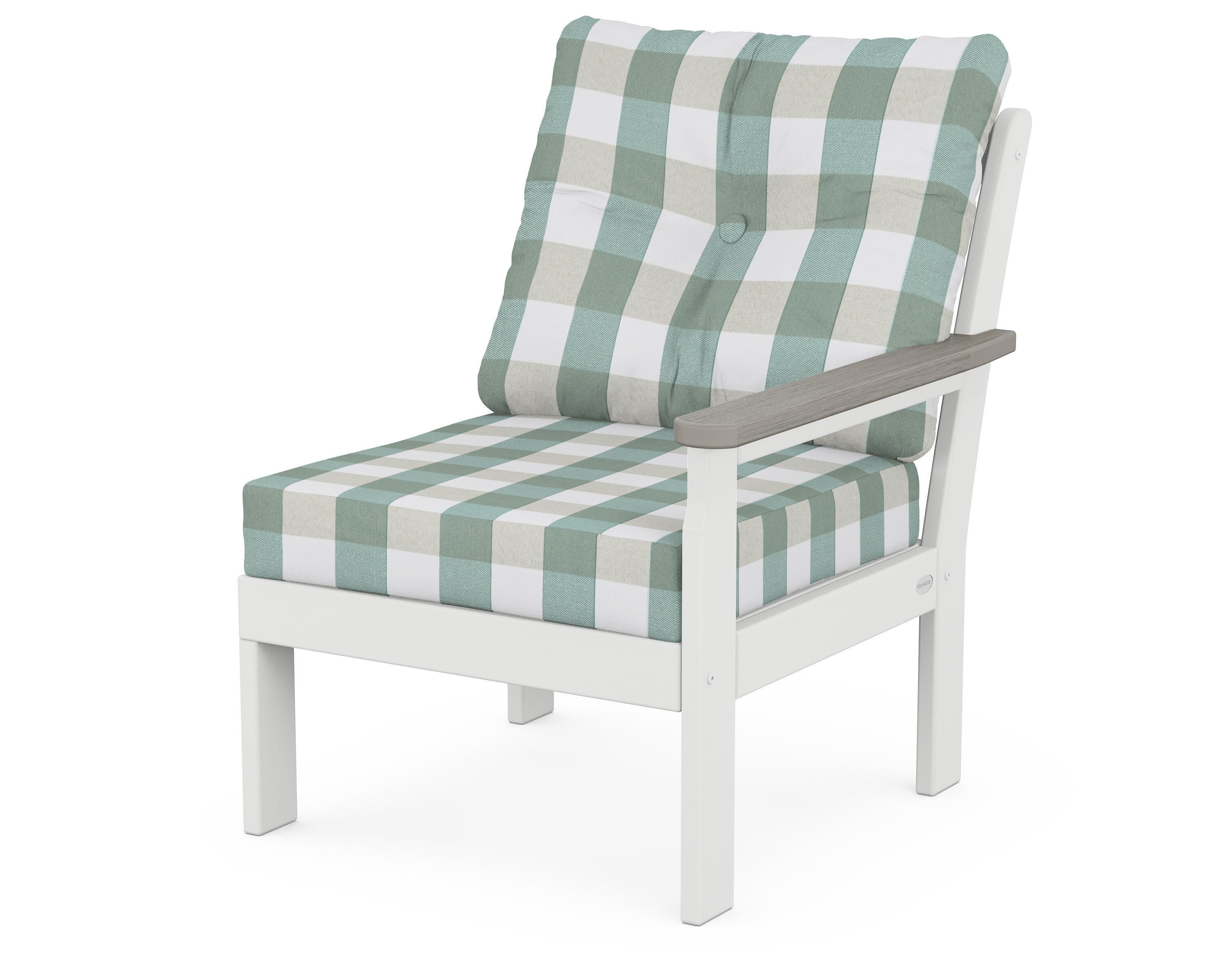 POLYWOOD® Vineyard Modular Right Arm Chair in White / Driftwood / Buffalo Plaid Glacier Spa
