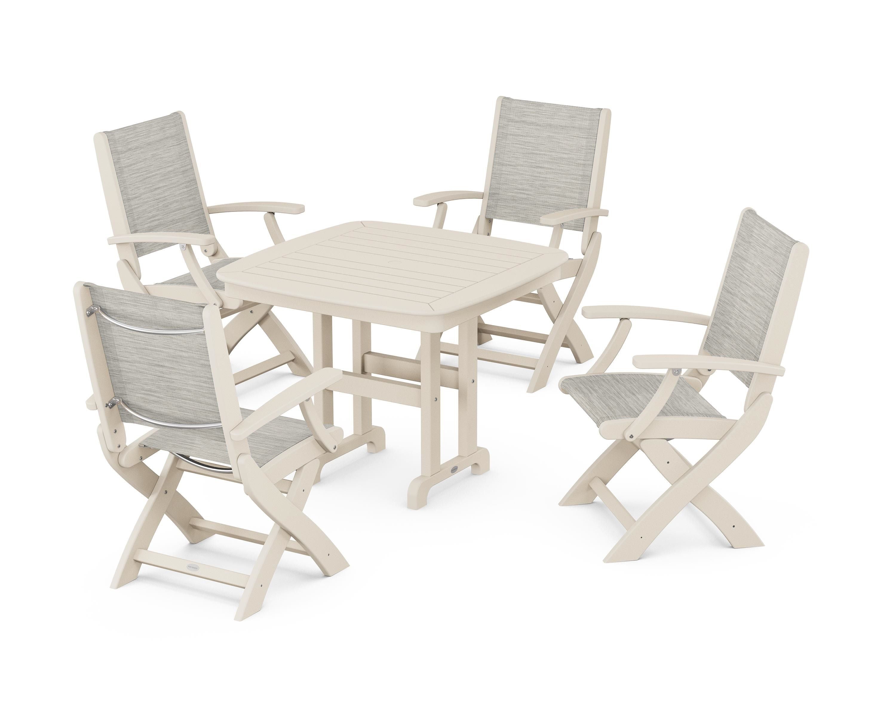 POLYWOOD® Coastal Folding Chair 5-Piece Dining Set in Sand / Birch Sling