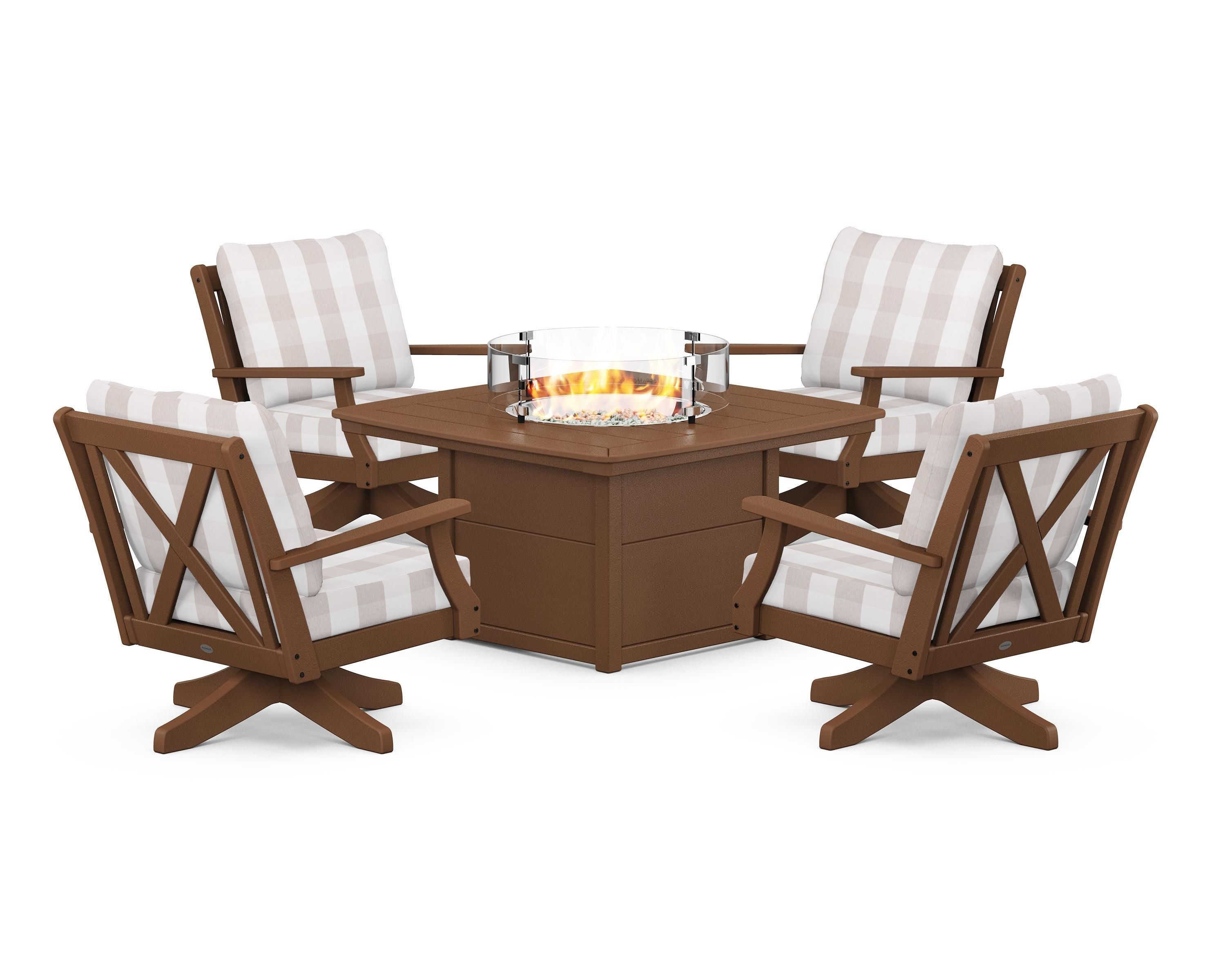 POLYWOOD® Braxton 5-Piece Deep Seating Swivel Conversation Set with Fire Pit Table in Teak / Buffalo Plaid Dune Burlap