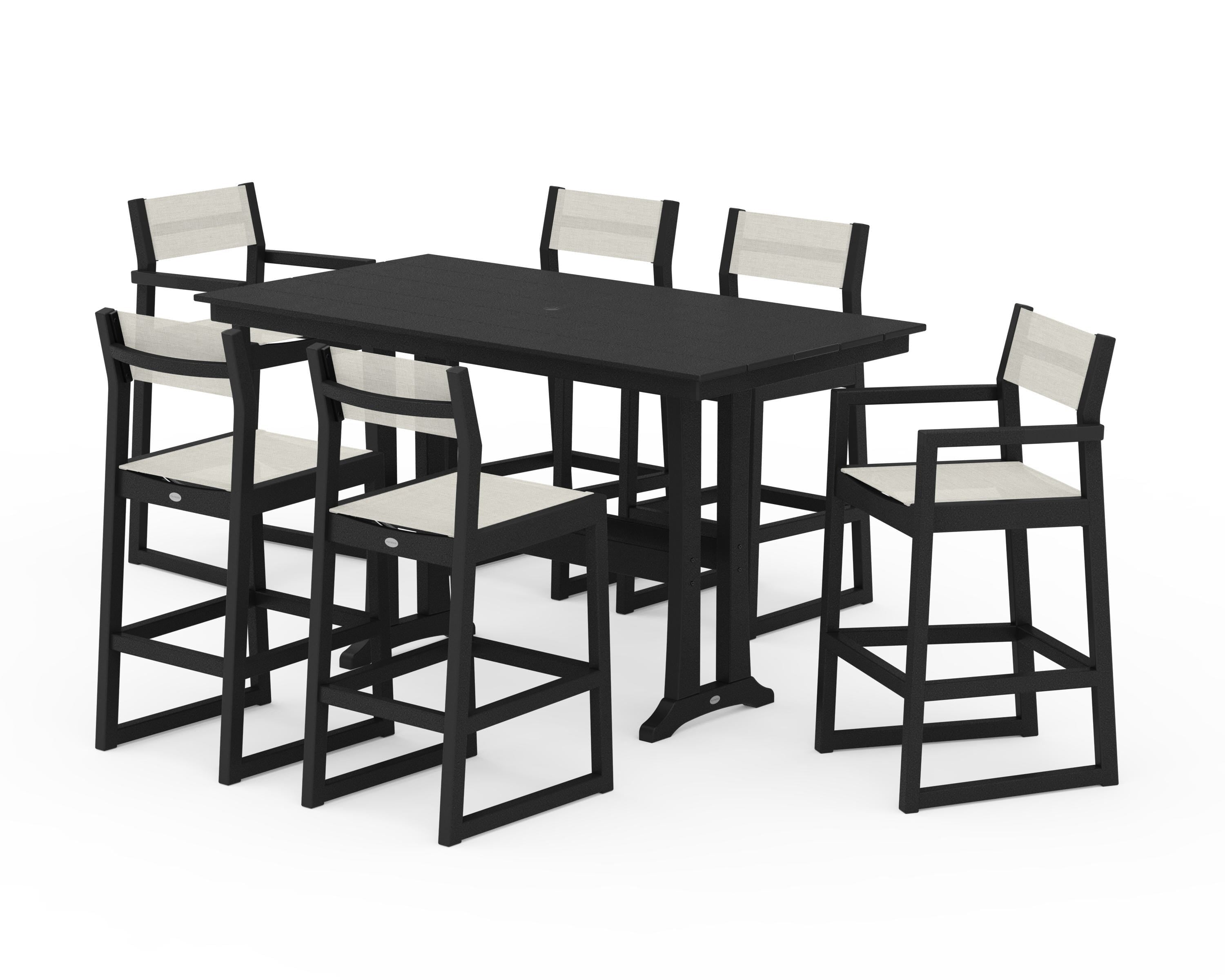 POLYWOOD® EDGE Sling 7-Piece Farmhouse Bar Set with Trestle Legs in Black / Parchment Sling
