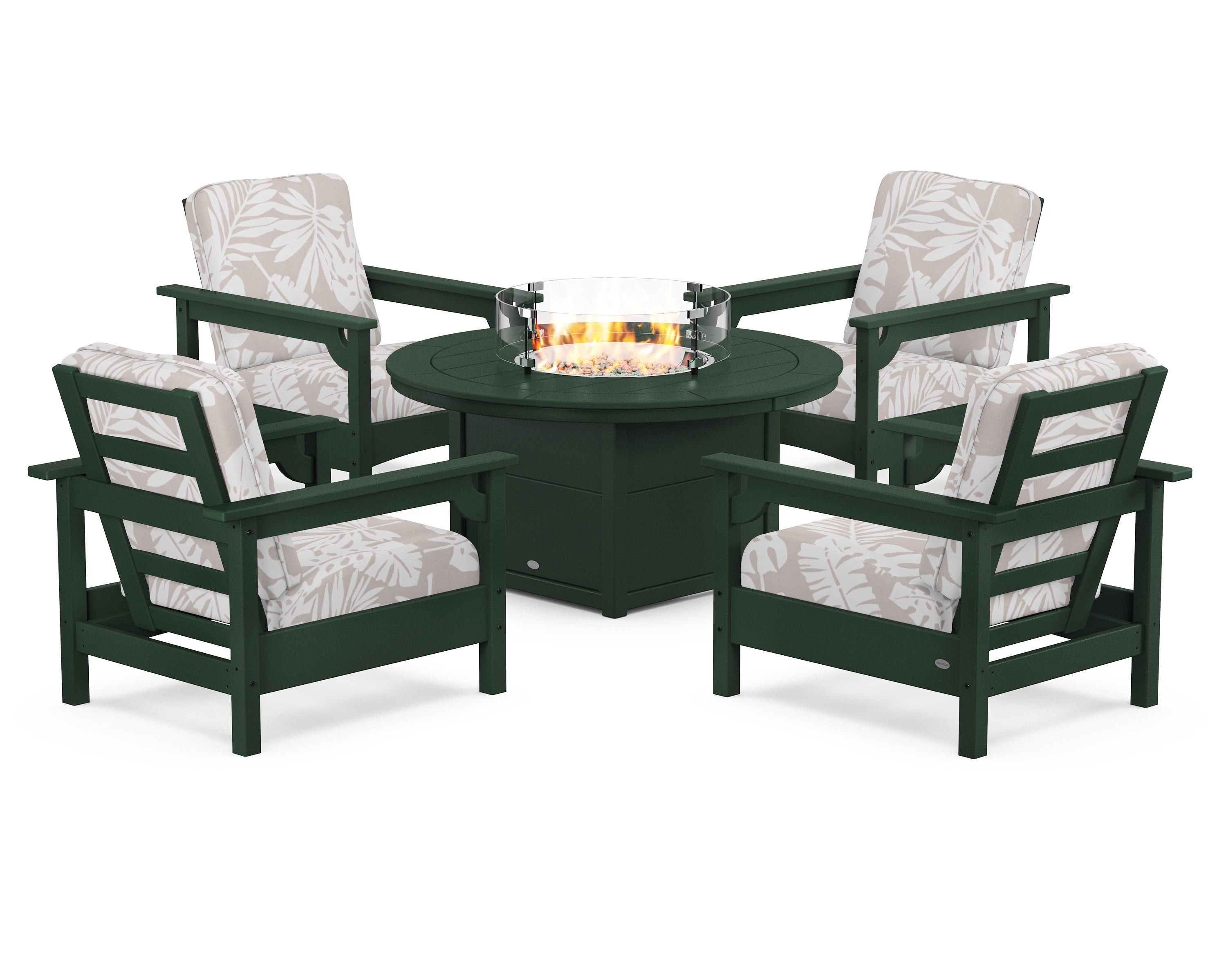 POLYWOOD® Club 5-Piece Conversation Set with Fire Pit Table in Green / Leaf Dune Burlap