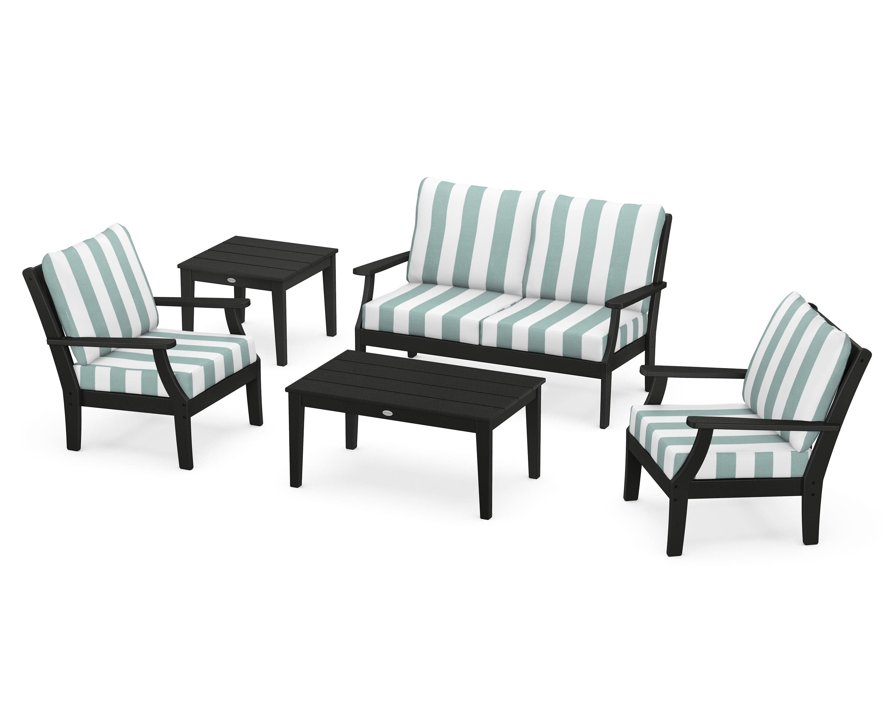 POLYWOOD® Braxton 5-Piece Deep Seating Set in Black / Cabana Stripe Glacier Spa