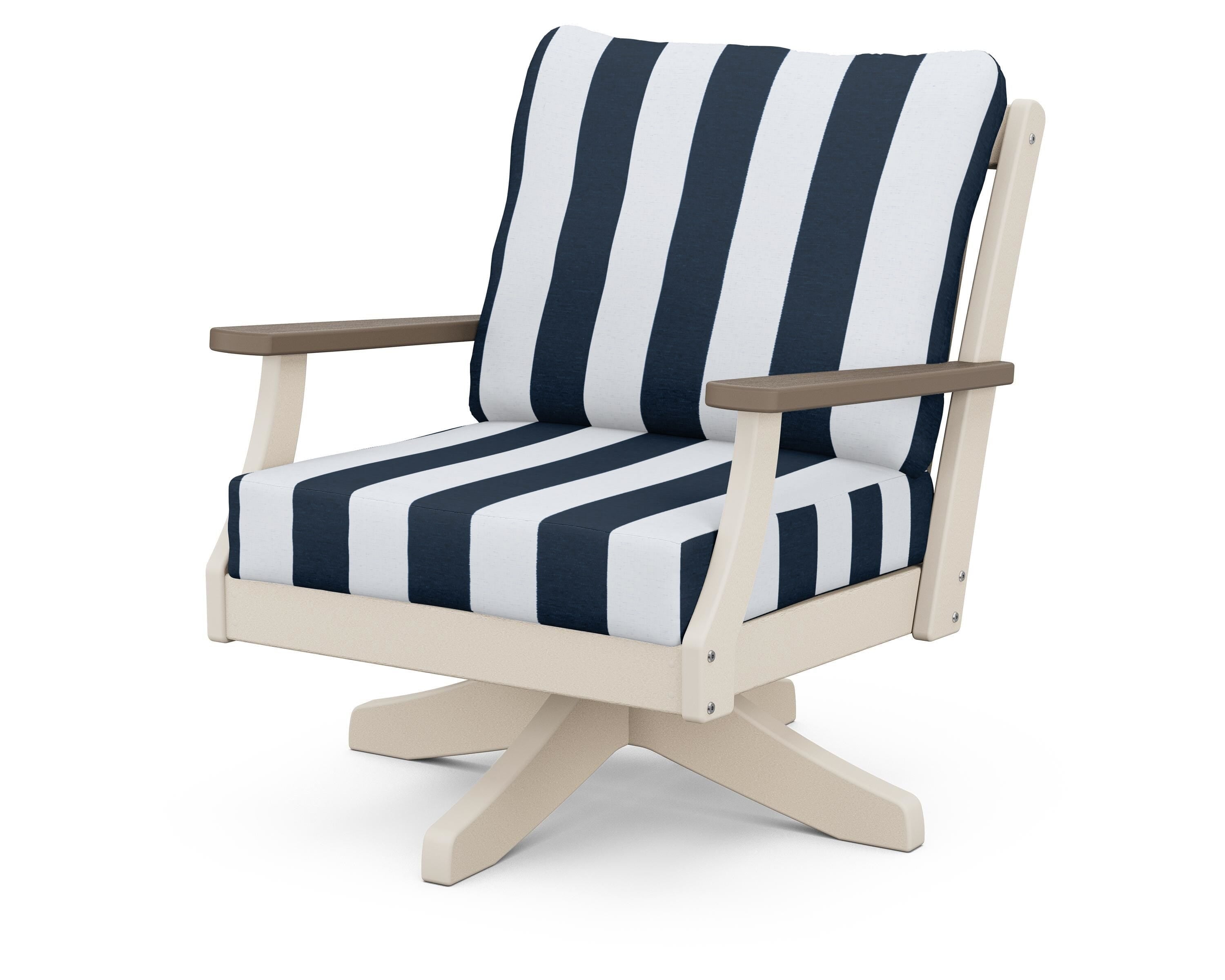 POLYWOOD® Braxton Deep Seating Swivel Chair in Sand / Kona / Cabana Stripe Marine Indigo