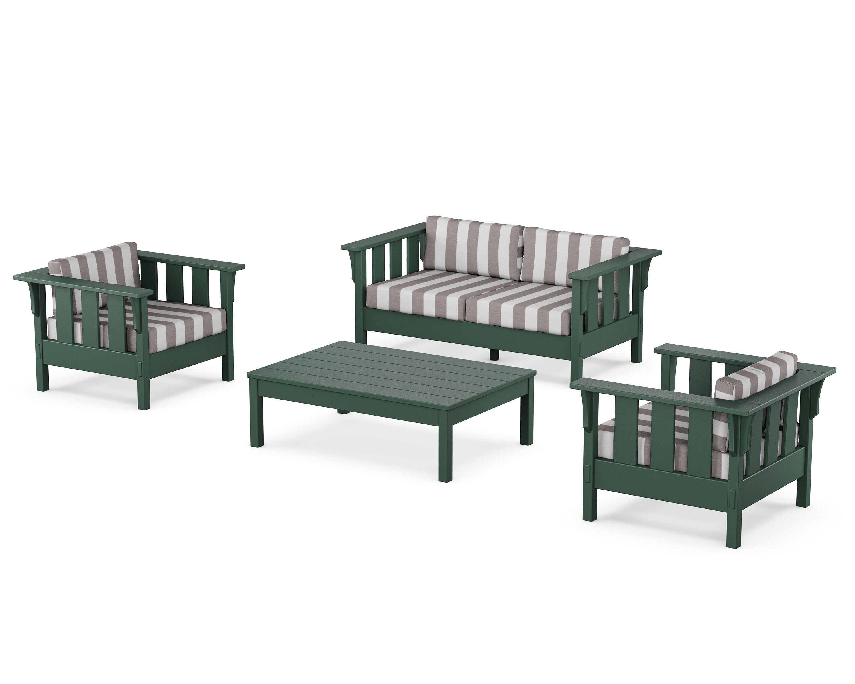 Martha Stewart by POLYWOOD® Acadia 4-Piece Deep Seating Set with Loveseat in Green / Cabana Stripe Grey Mist