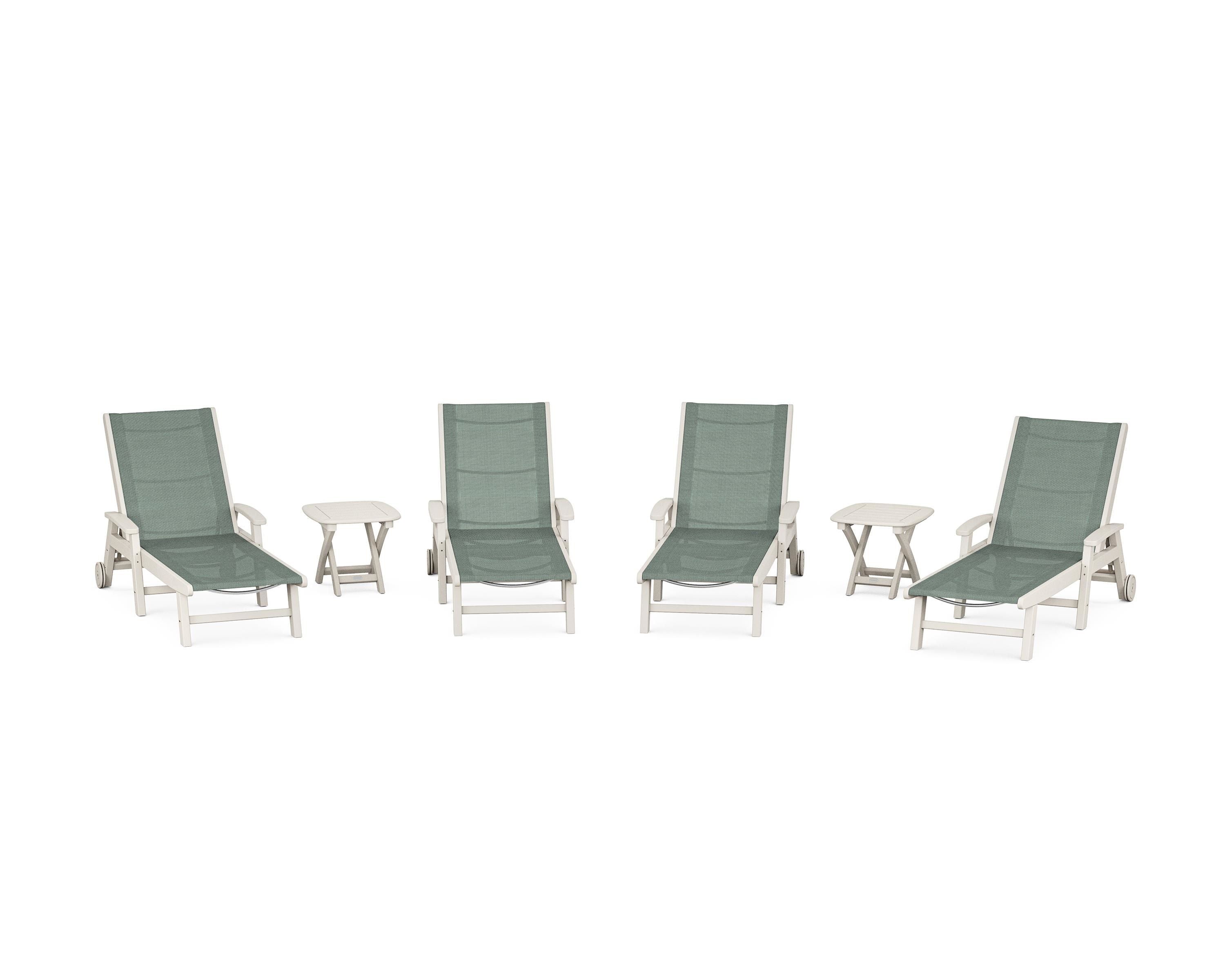 POLYWOOD® Coastal Chaise 6-Piece Set with Wheels in Sand / Dupioni Sea Mist Sling