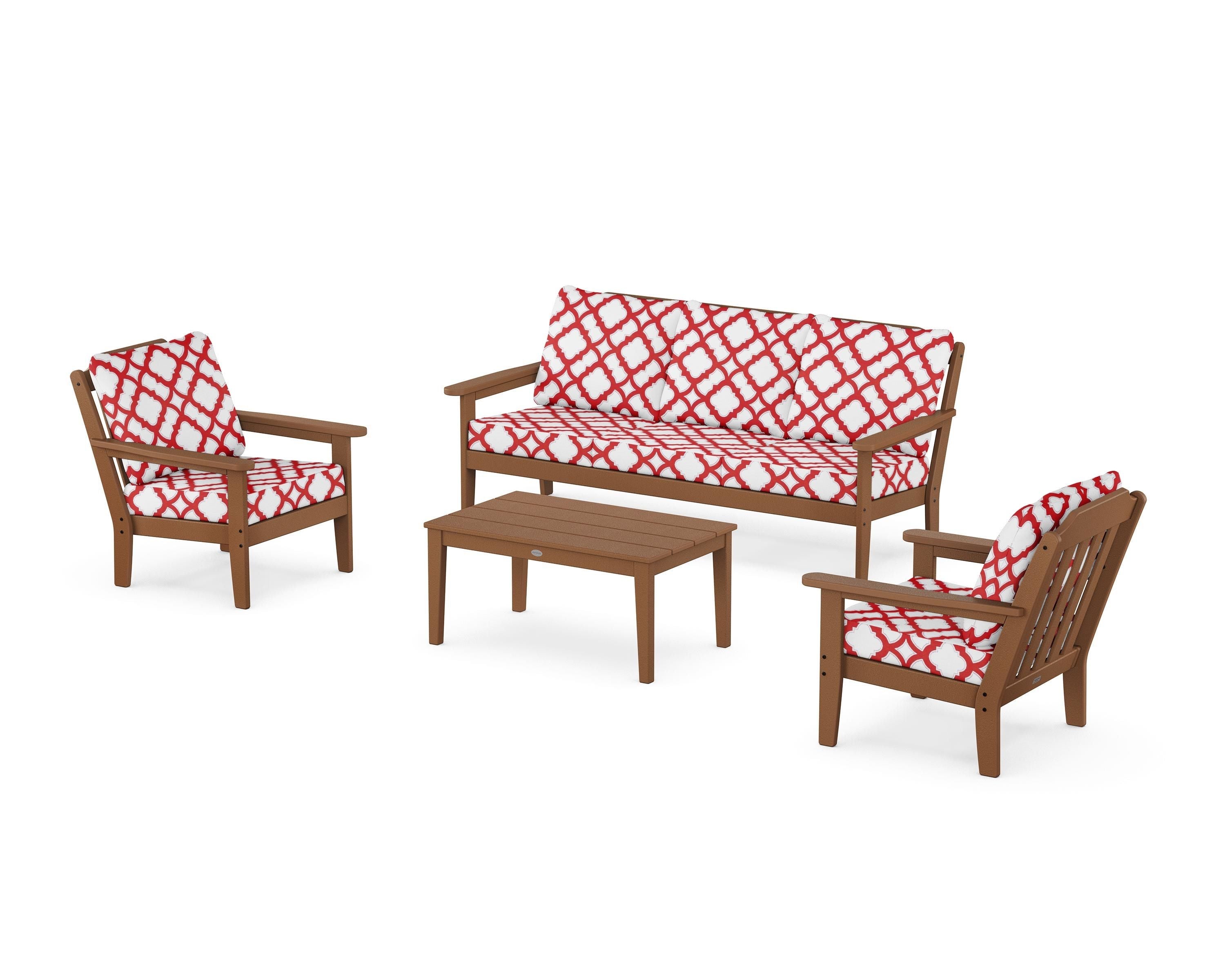 Country Living Cottage 4-Piece Deep Seating Set with Sofa in Teak / Trellis Crimson