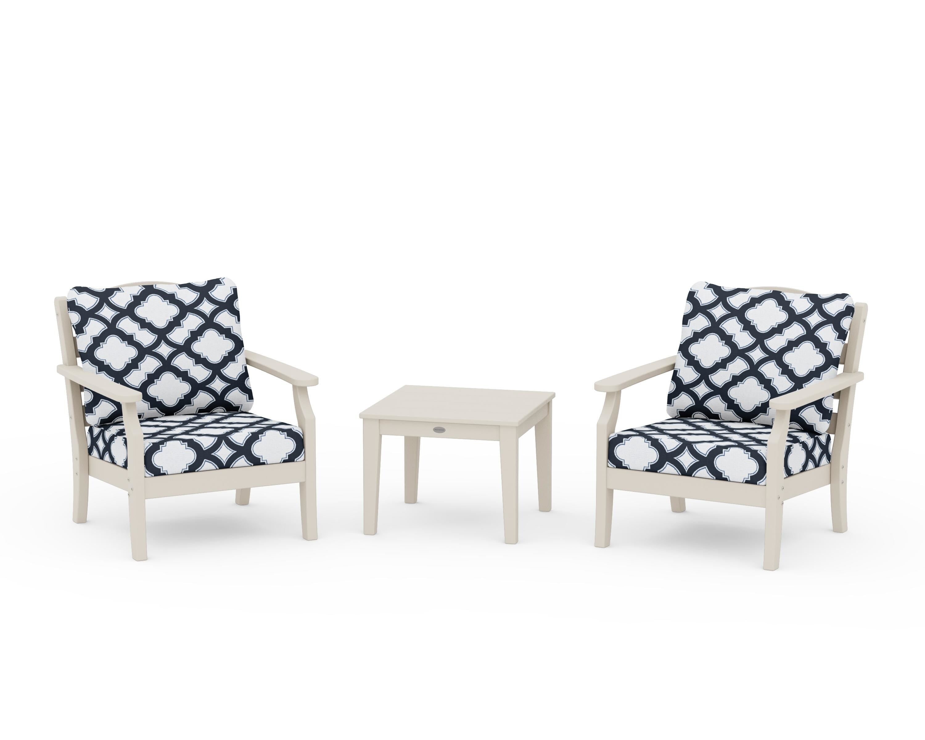 Draper James™ by POLYWOOD® Savannah 3-Piece Deep Seating Set in Sand / Trellis Marine Indigo