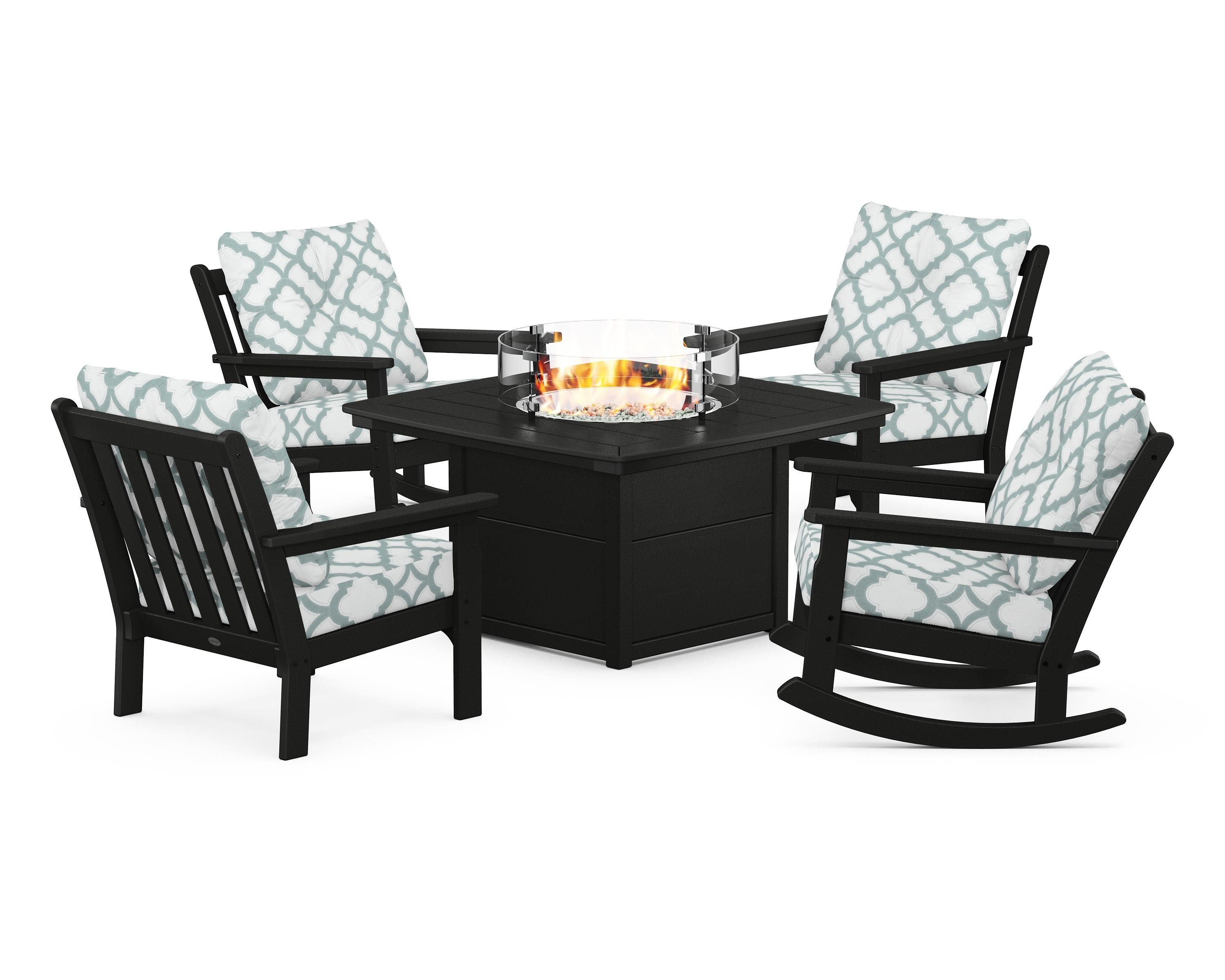 POLYWOOD® Vineyard 5-Piece Deep Seating Rocking Chair Conversation Set with Fire Pit Table in Black / Trellis Glacier Spa