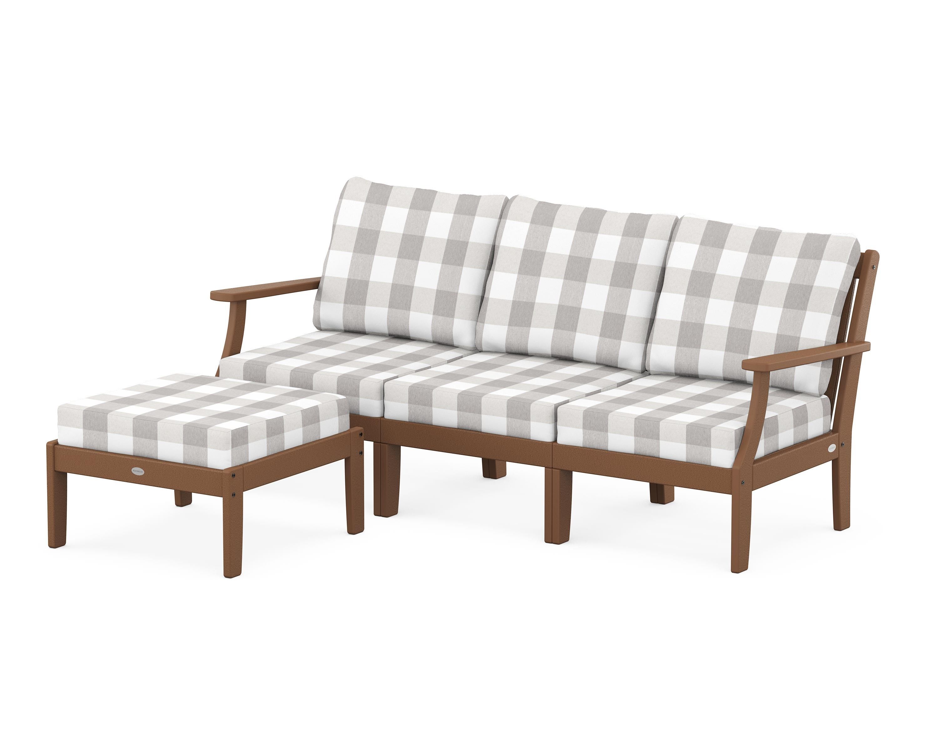 POLYWOOD® Braxton Modular 4-Piece Deep Seating Set with Ottoman in Teak / Buffalo Plaid Grey Mist