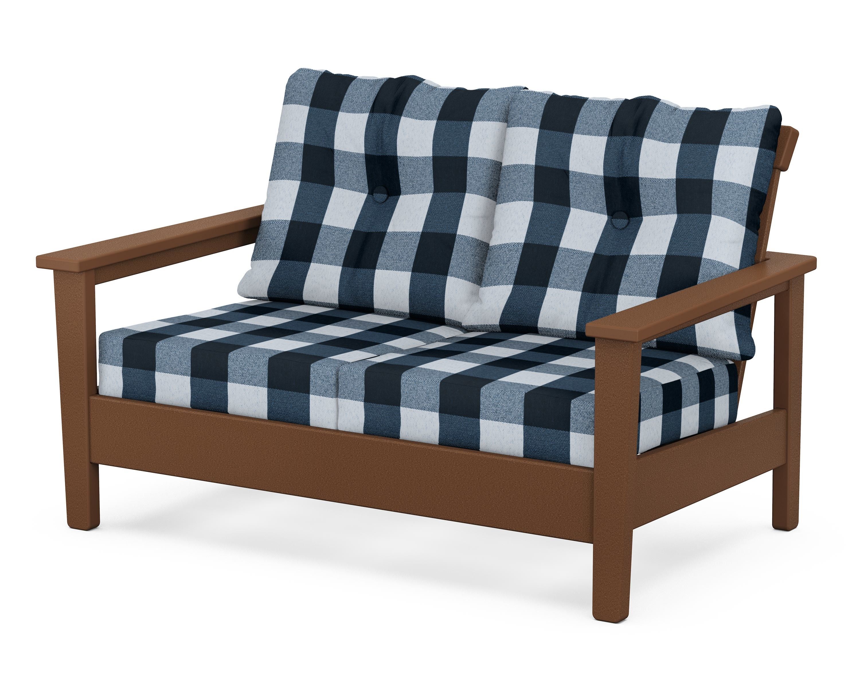 POLYWOOD® Prescott Deep Seating Loveseat in Teak / Buffalo Plaid Marine Indigo