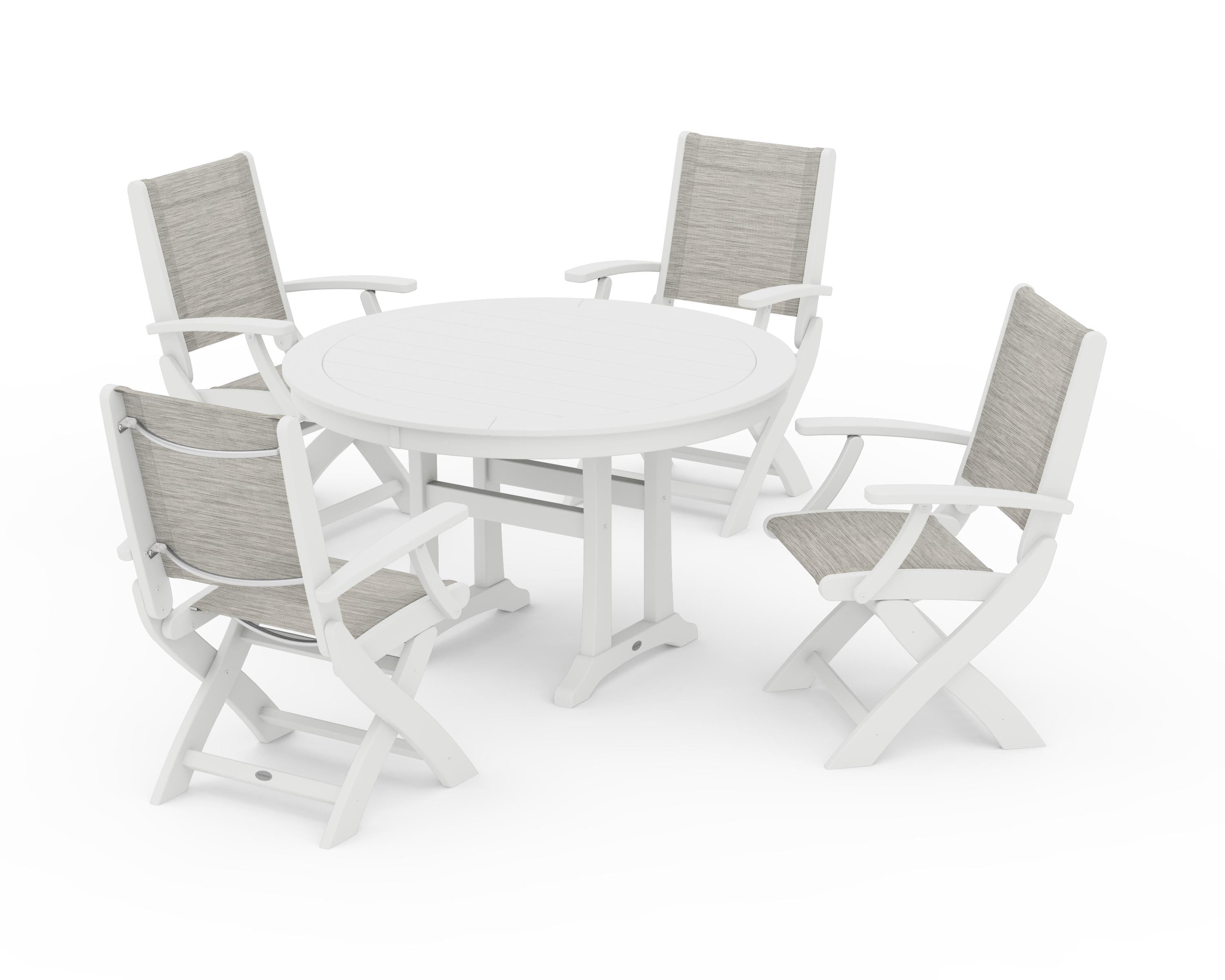 POLYWOOD® Coastal Folding Chair 5-Piece Round Dining Set with Trestle Legs in White / Birch Sling