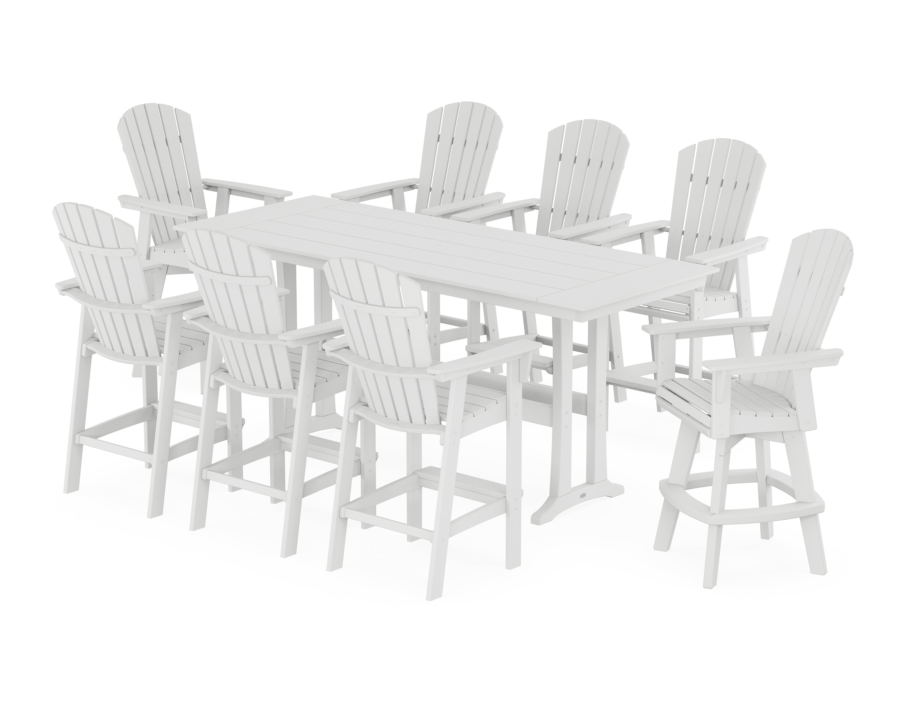 POLYWOOD® Nautical Curveback Adirondack Swivel Chair 9-Piece Farmhouse Bar Set with Trestle Legs in White
