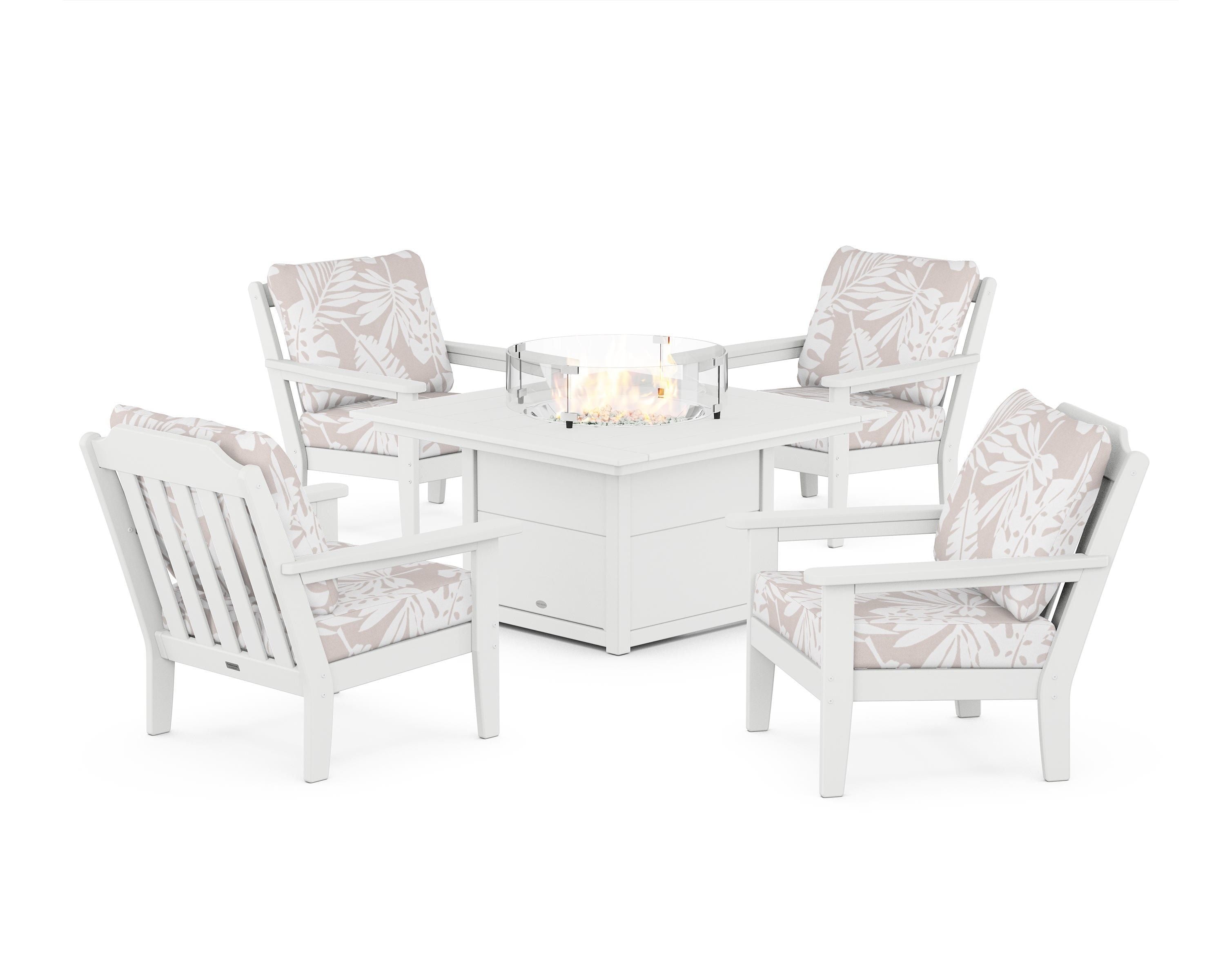 Country Living Cottage 5-Piece Deep Seating Set with Fire Pit Table in White / Leaf Dune Burlap