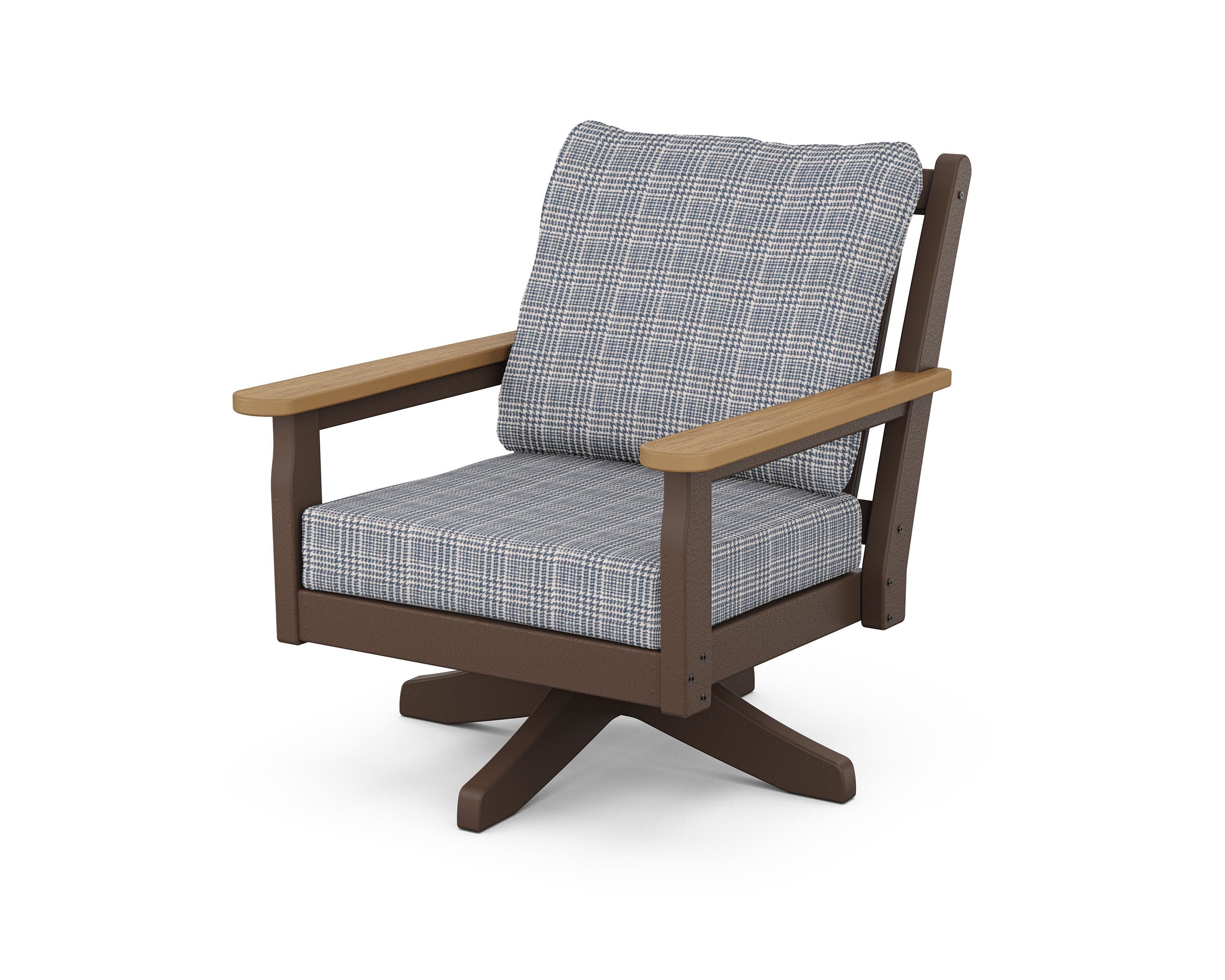 POLYWOOD® Chippendale Deep Seating Swivel Chair in Mahogany / Natural / Houndstooth Sky Blue