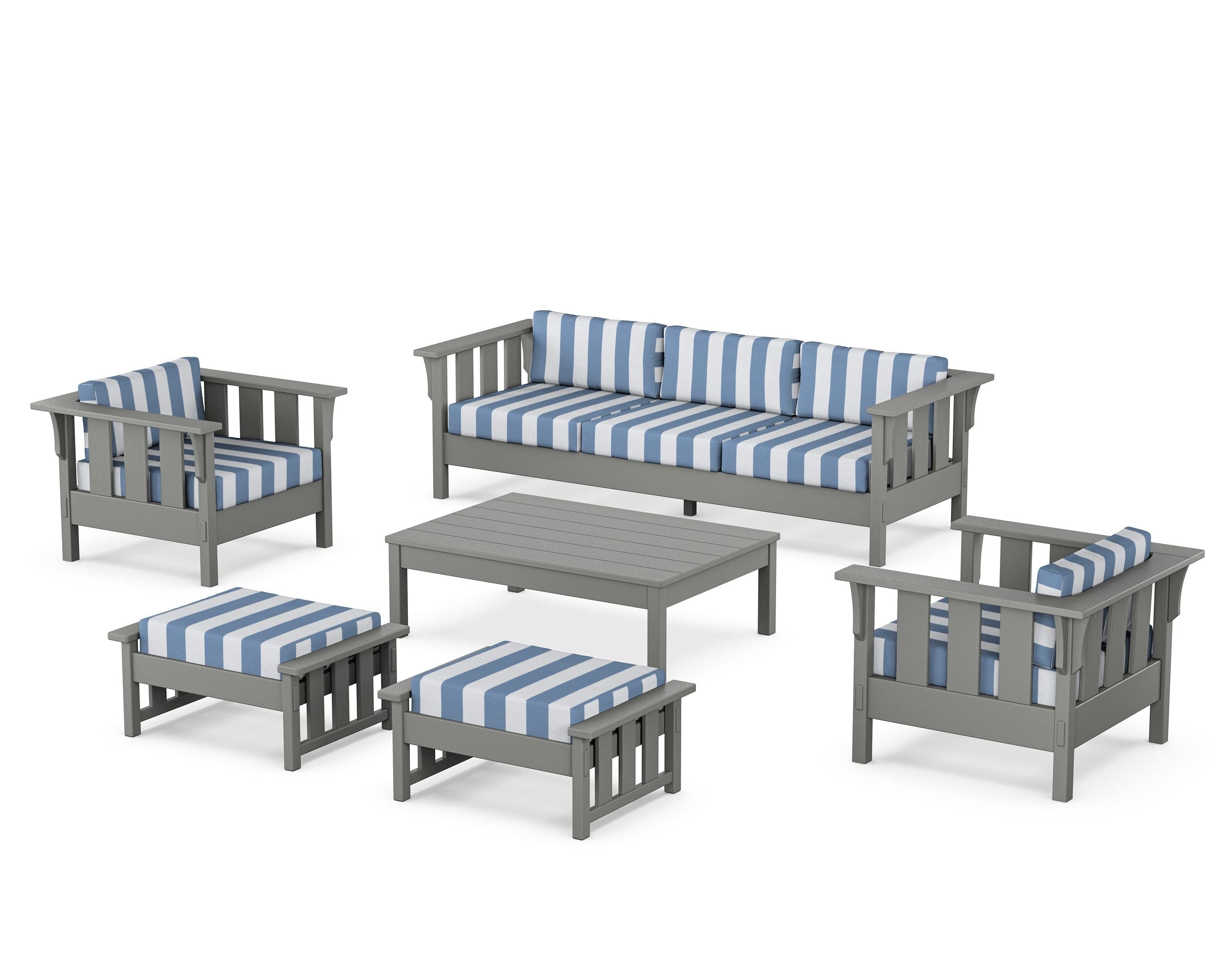 Martha Stewart by POLYWOOD® Acadia 6-Piece Lounge Sofa Set in Slate Grey / Cabana Stripe Sky Blue
