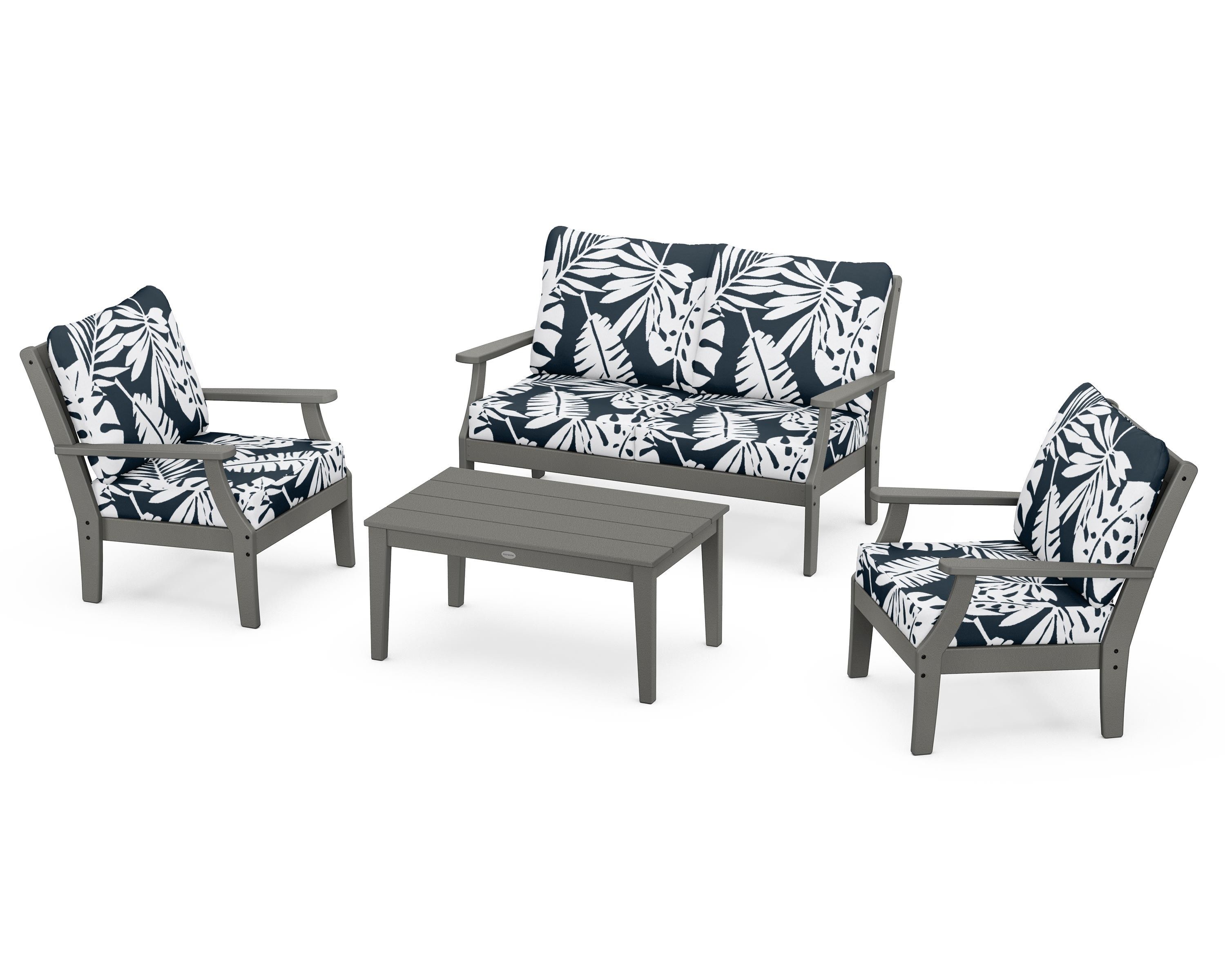 POLYWOOD® Braxton 4-Piece Deep Seating Chair Set in Slate Grey / Leaf Marine Indigo