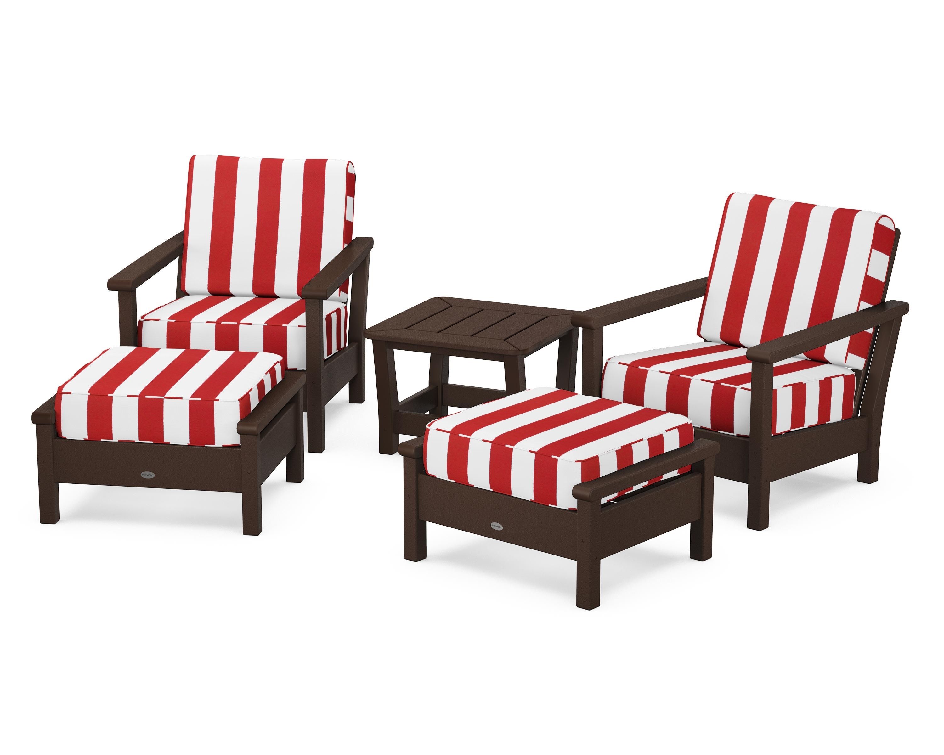 POLYWOOD® Harbour 5-Piece Deep Seating Chair Set in Mahogany / Cabana Stripe Crimson