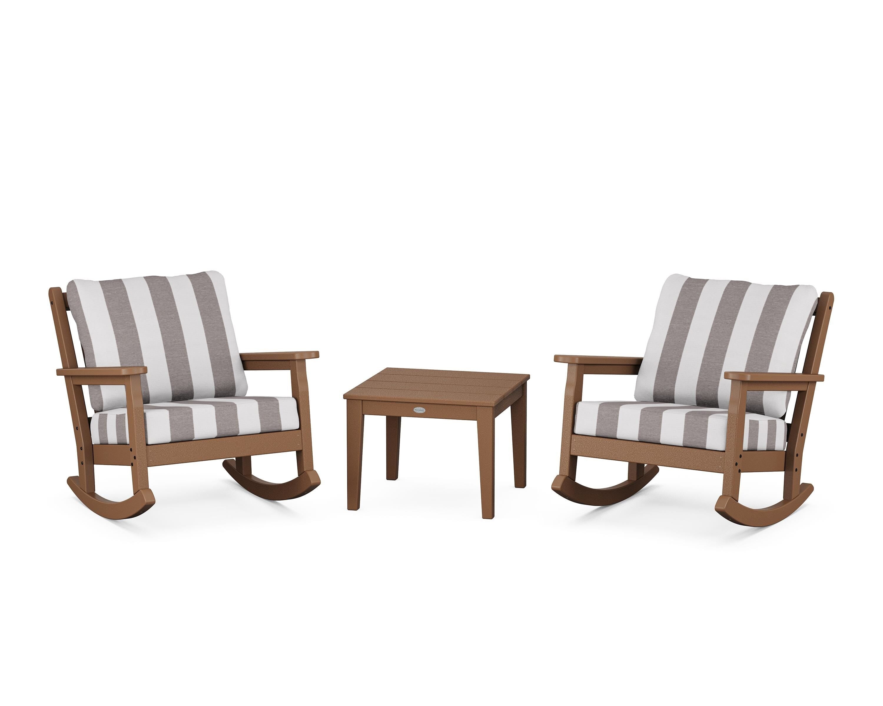 POLYWOOD® Chippendale 3-Piece Deep Seating Rocker Set in Teak / Cabana Stripe Grey Mist
