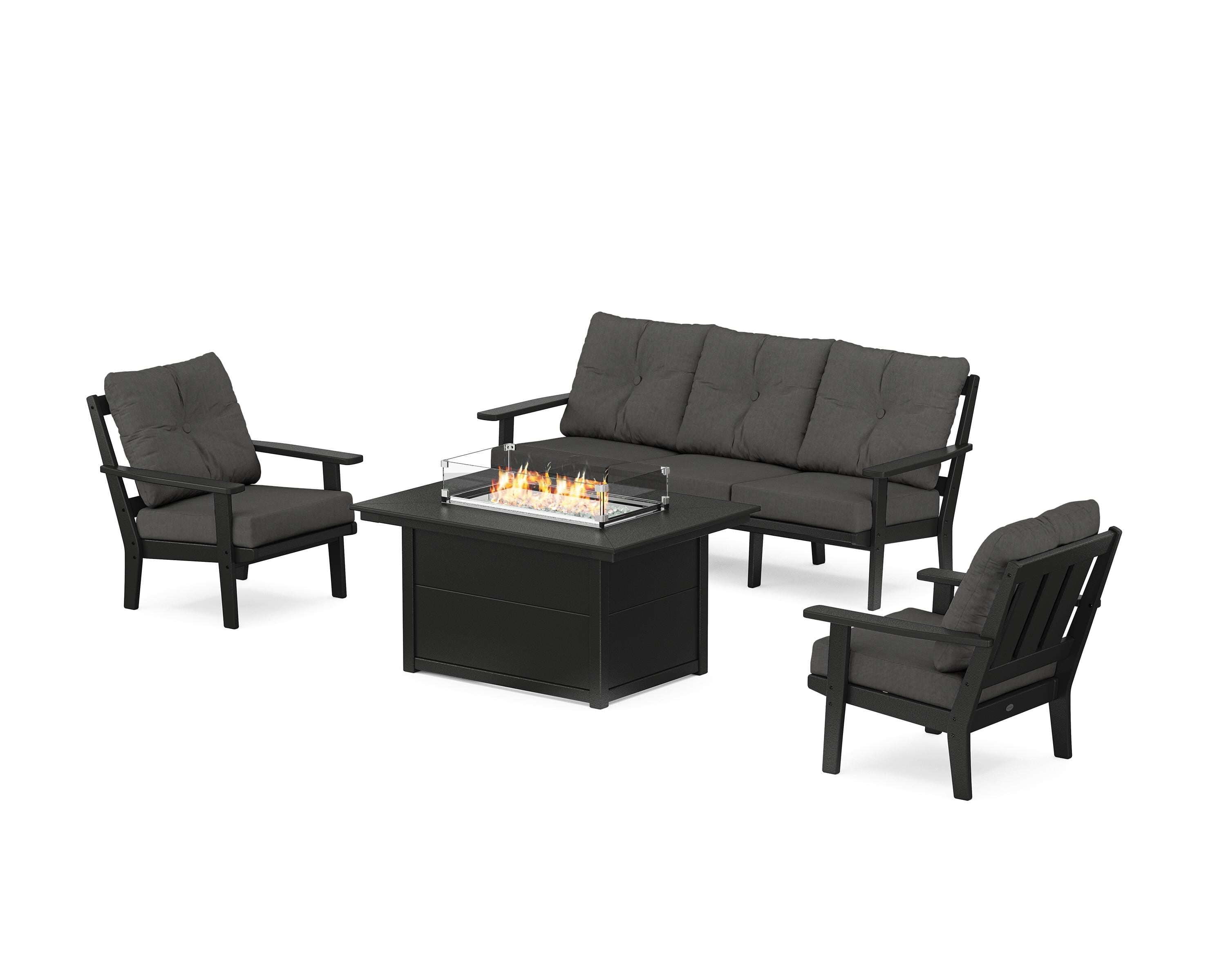 POLYWOOD® Oxford Deep Seating Fire Pit Table Set in Black / Spectrum Carbon