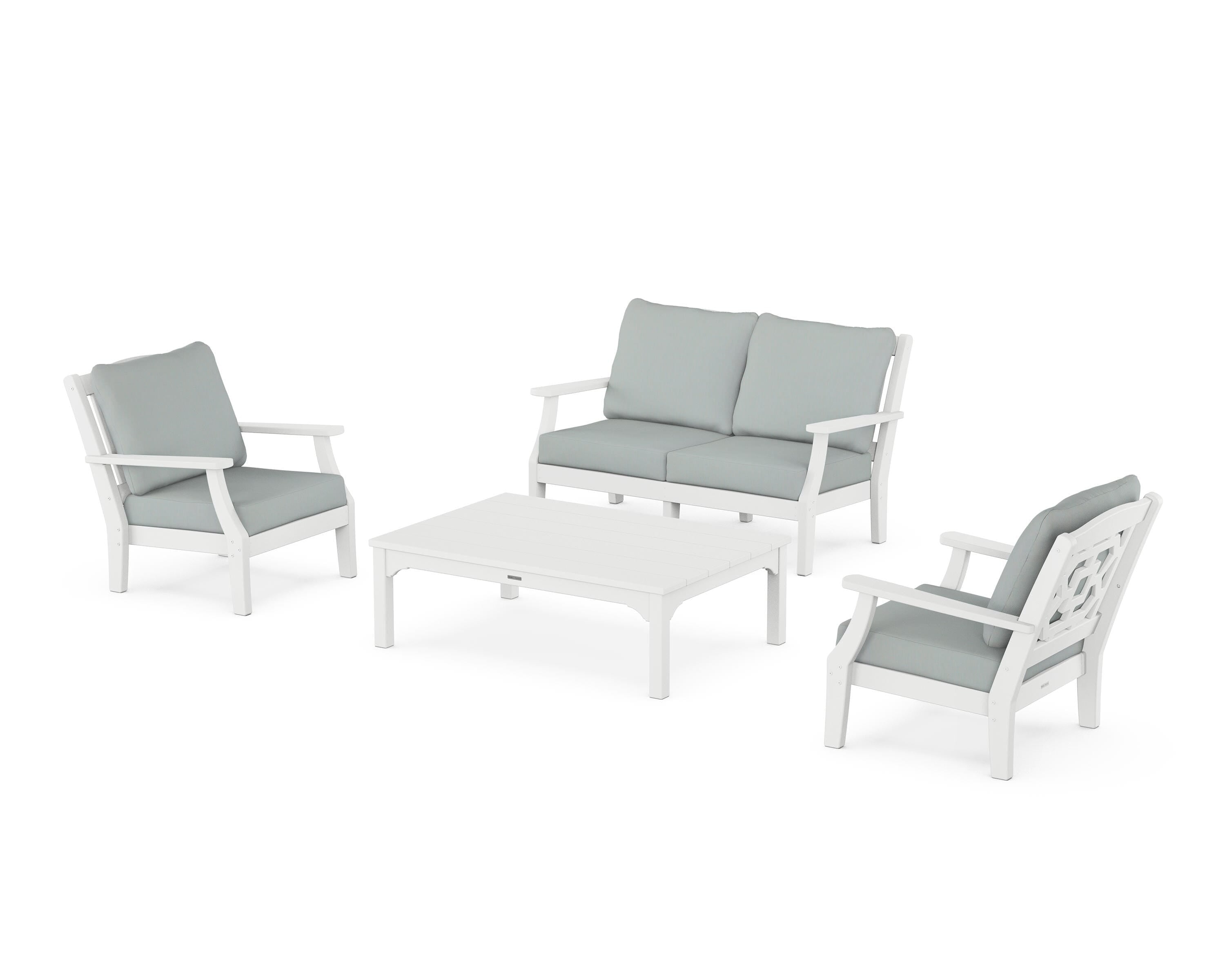 Martha Stewart by POLYWOOD® Chinoiserie 4-Piece Deep Seating Set with Loveseat in White / Spa
