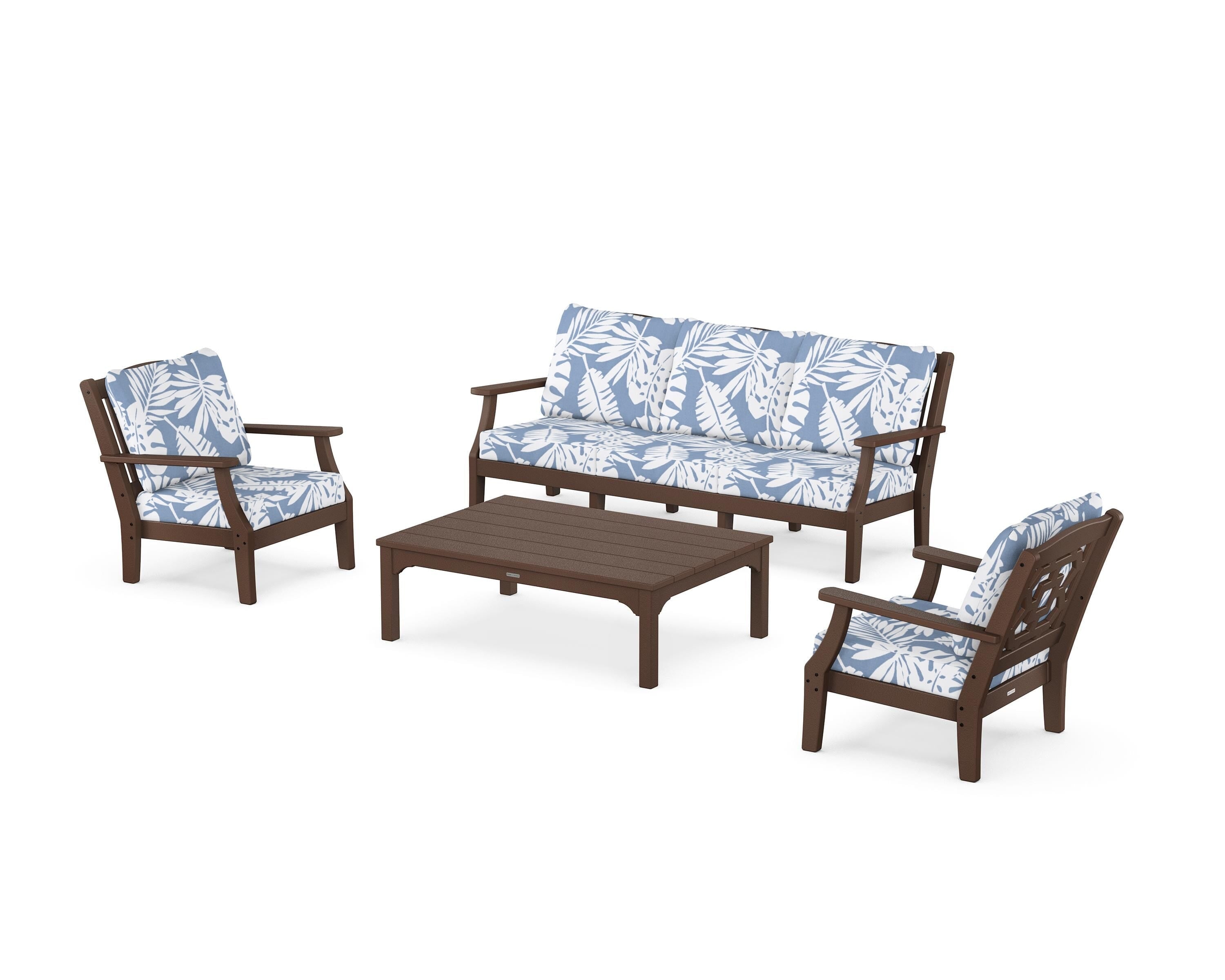 Martha Stewart by POLYWOOD® Chinoiserie 4-Piece Deep Seating Set with Sofa in Mahogany / Leaf Sky Blue