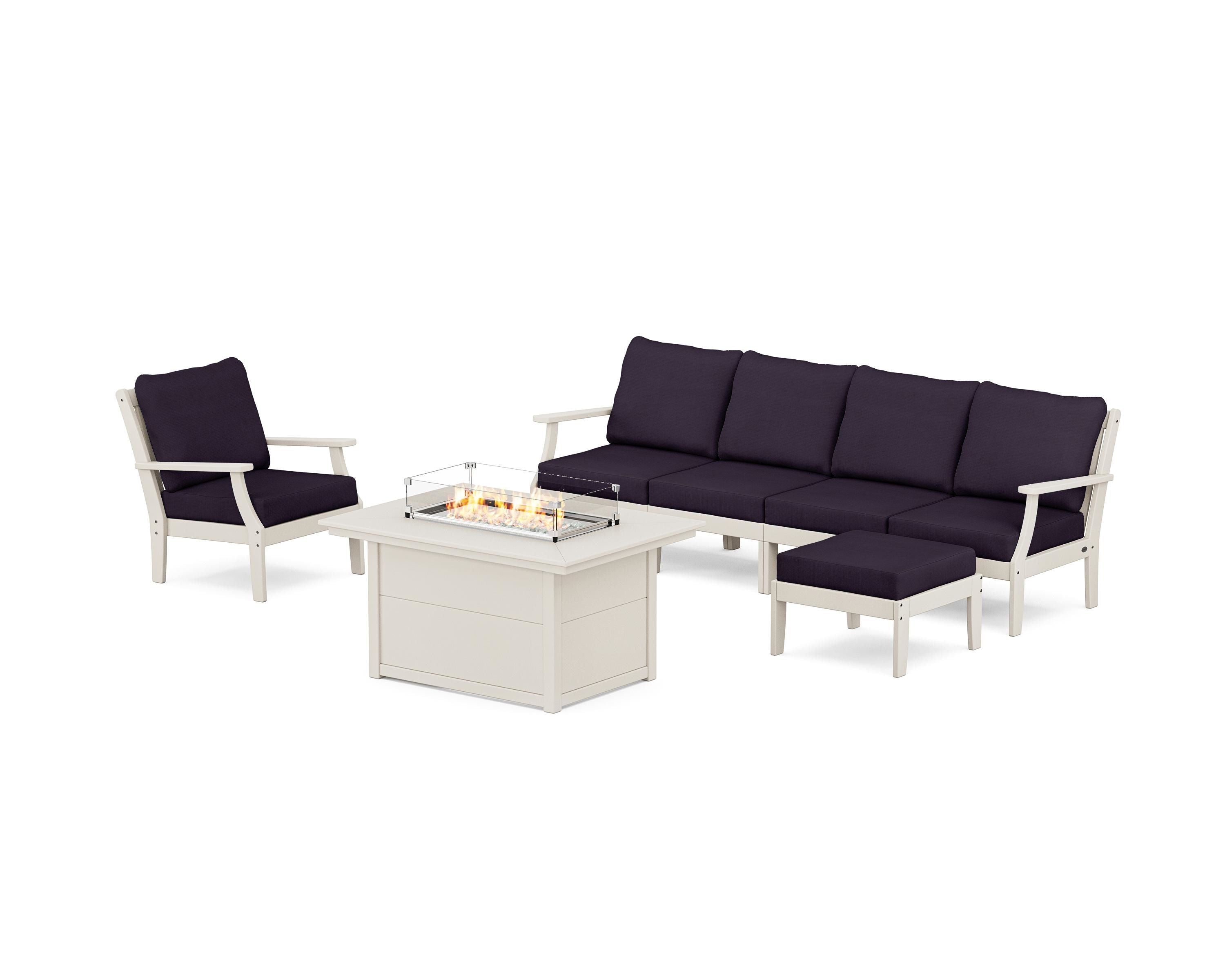 POLYWOOD® Braxton Sectional Lounge and Fire Pit Set in Sand / Navy Linen