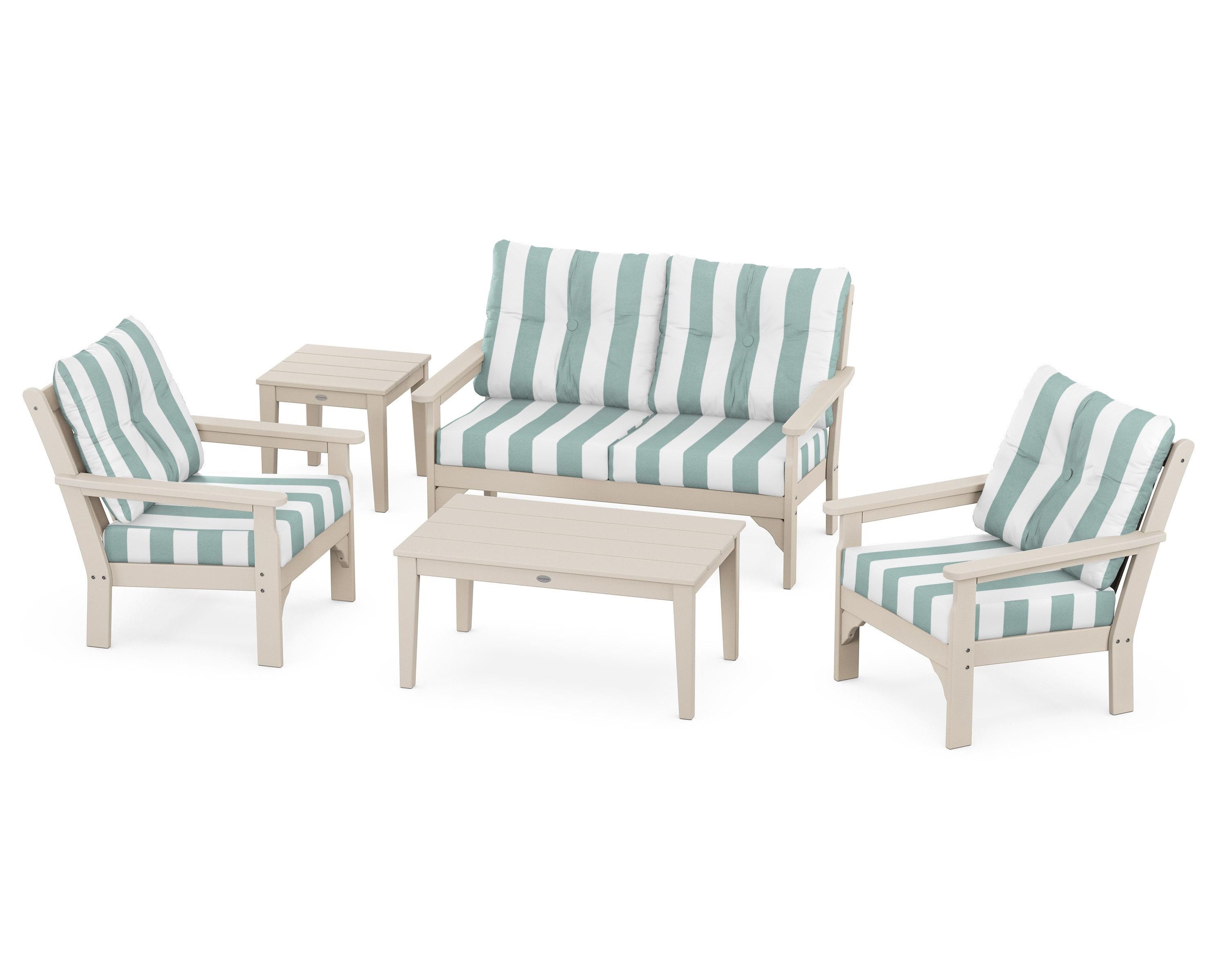 POLYWOOD® Vineyard 5-Piece Deep Seating Set in Sand / Cabana Stripe Glacier Spa