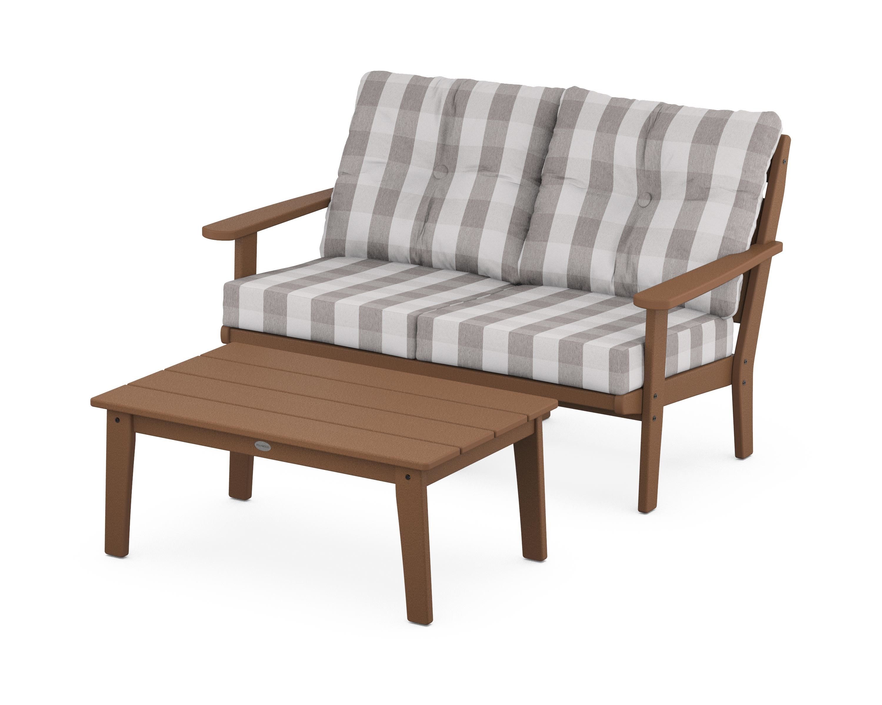 POLYWOOD® Lakeside 2-Piece Lounge Loveseat Set in Teak / Buffalo Plaid Grey Mist