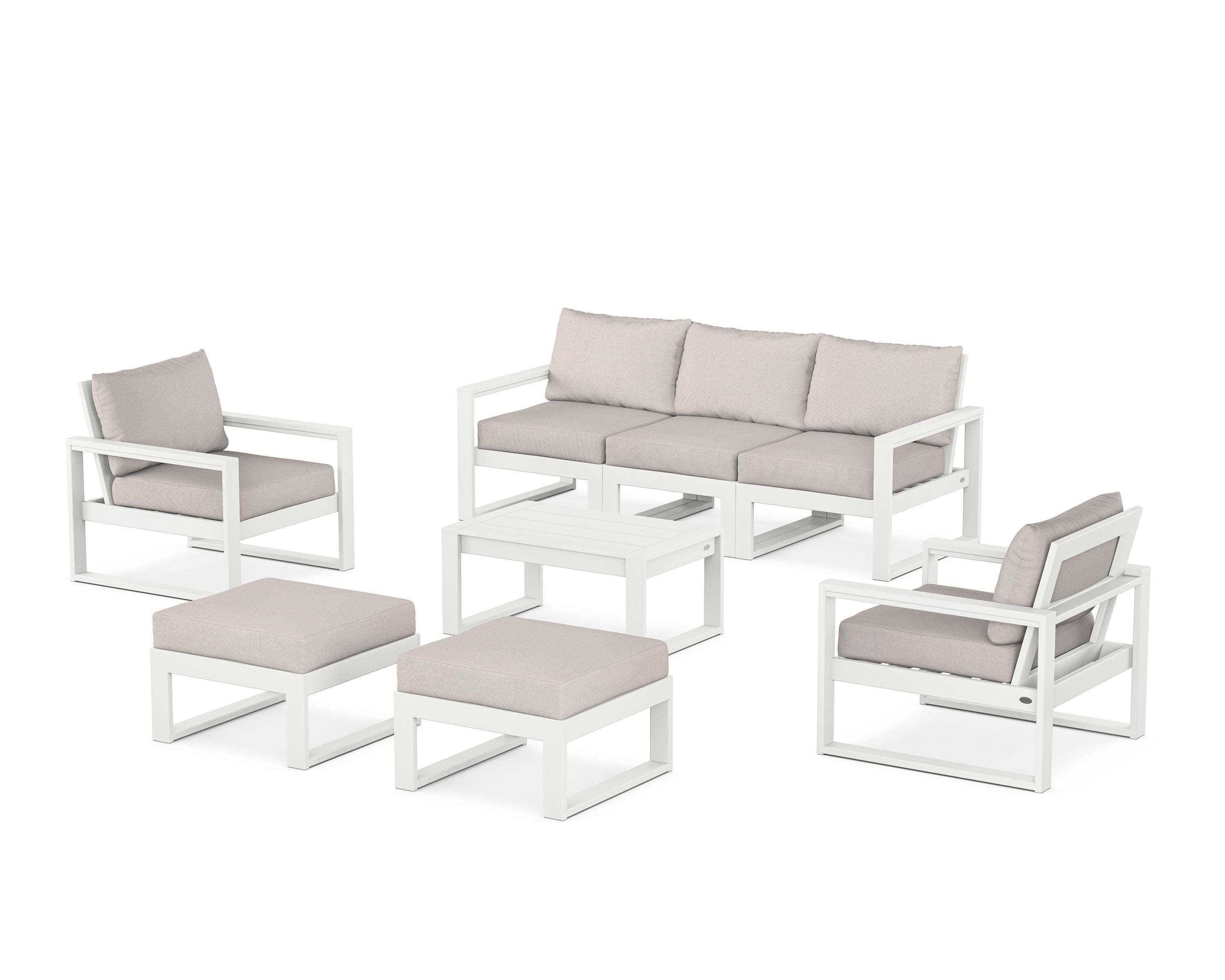 POLYWOOD® EDGE Sectional 8-Piece Lounge Sofa Set in White / Dune Burlap