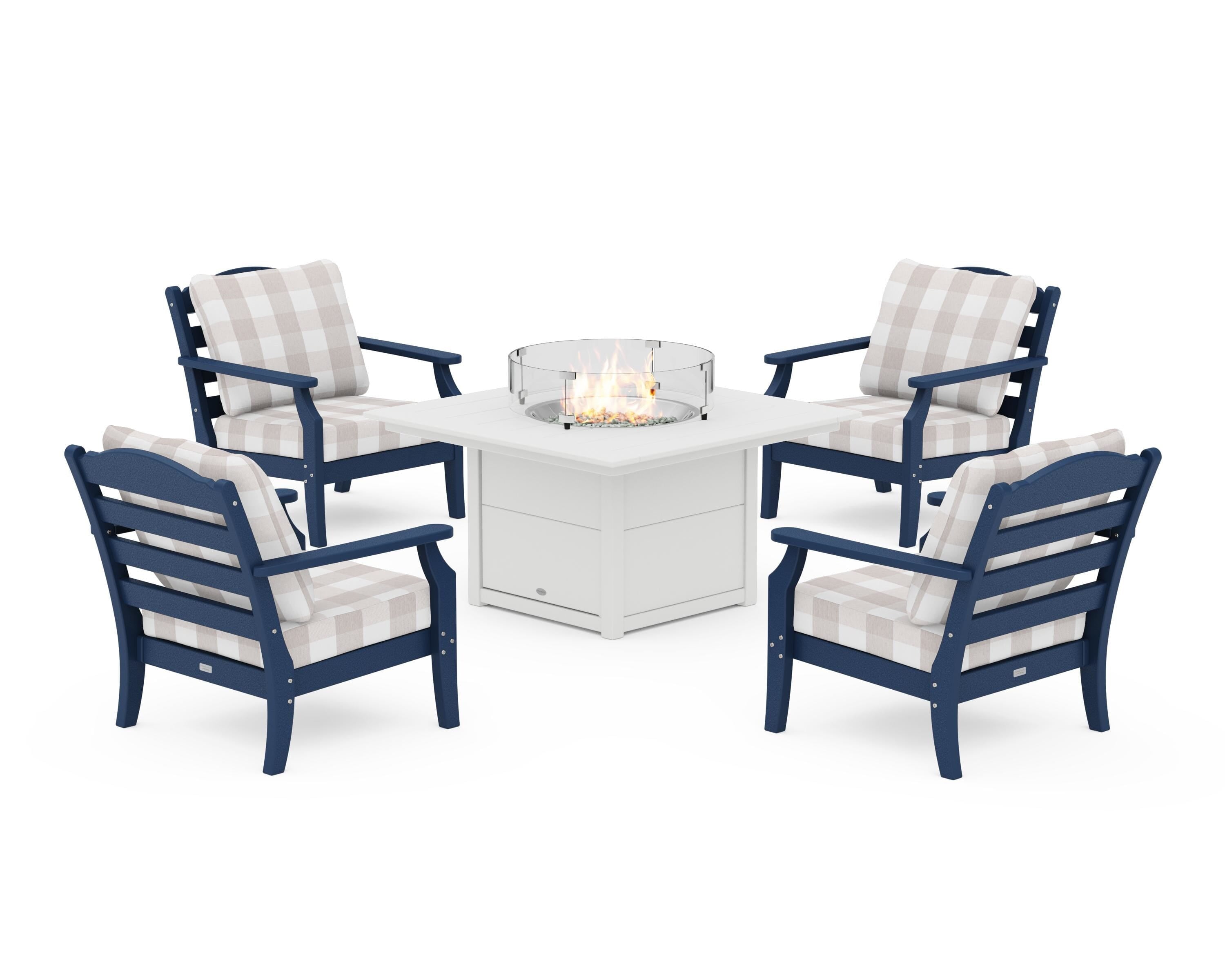 Draper James™ by POLYWOOD® Savannah 5-Piece Deep Seating Set with Fire Pit Table in Navy / Buffalo Plaid Dune Burlap