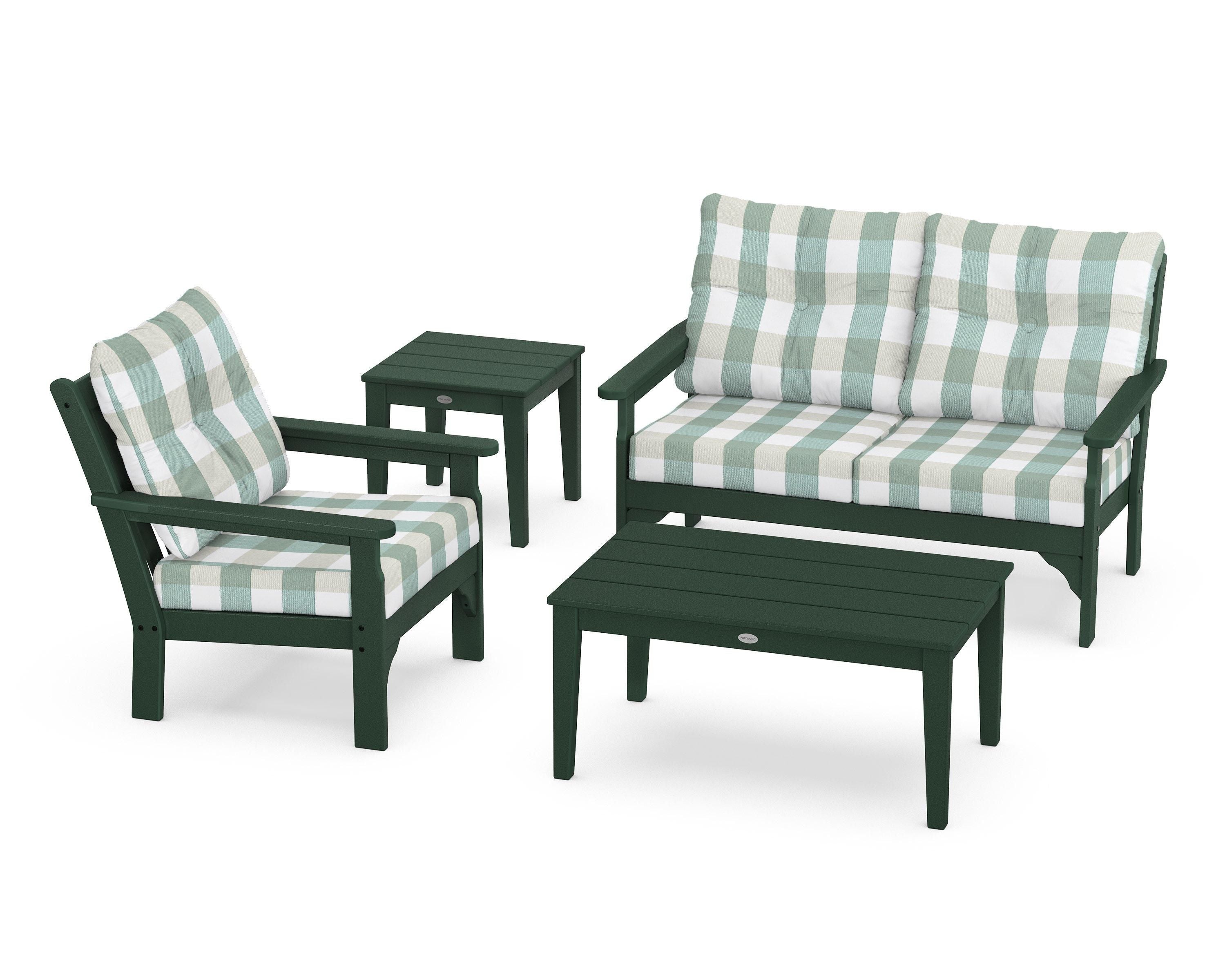 POLYWOOD® Vineyard 4-Piece Deep Seating Set in Green / Buffalo Plaid Glacier Spa