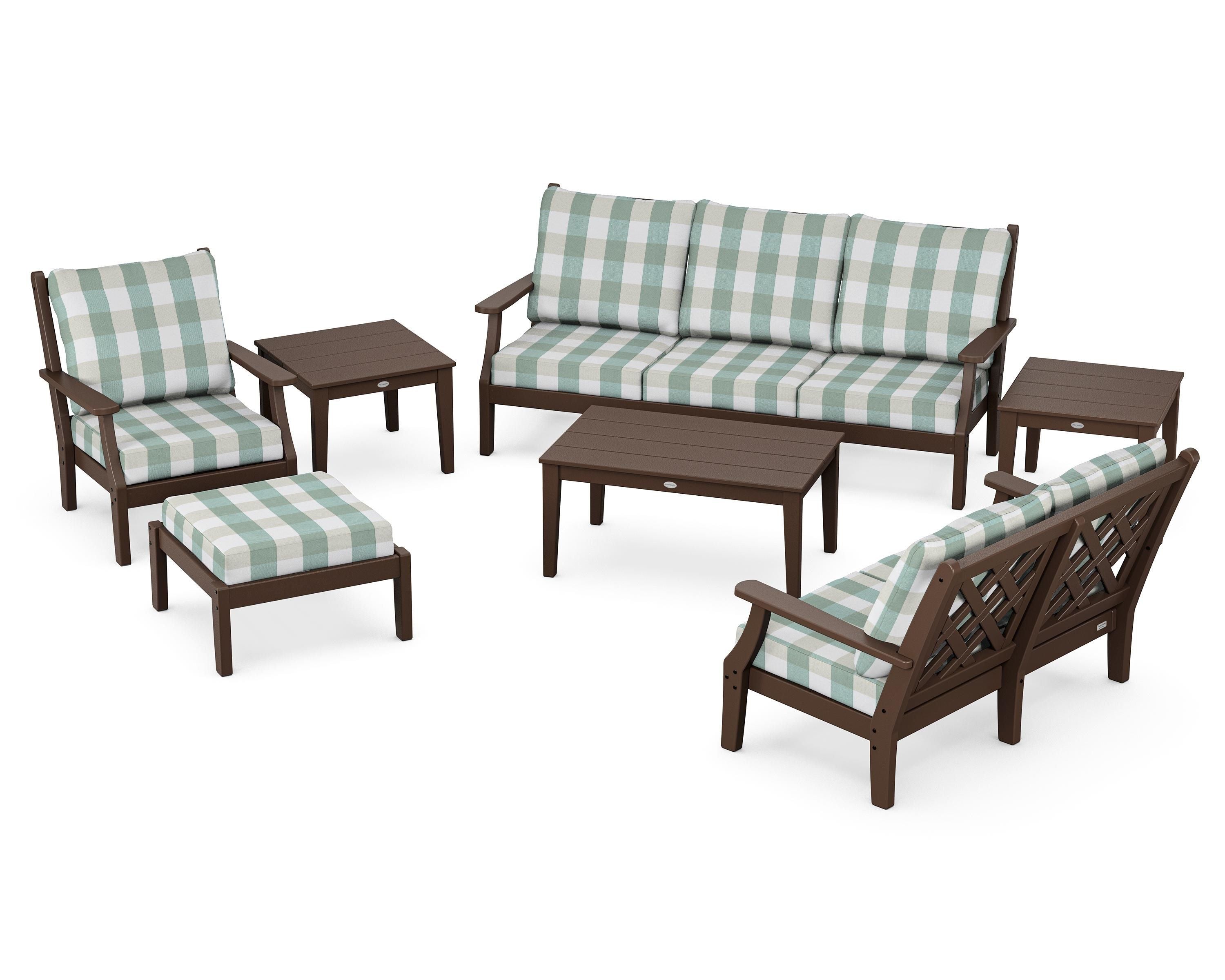 Country Living Wovendale 7-Piece Deep Seating Set in Mahogany / Buffalo Plaid Glacier Spa