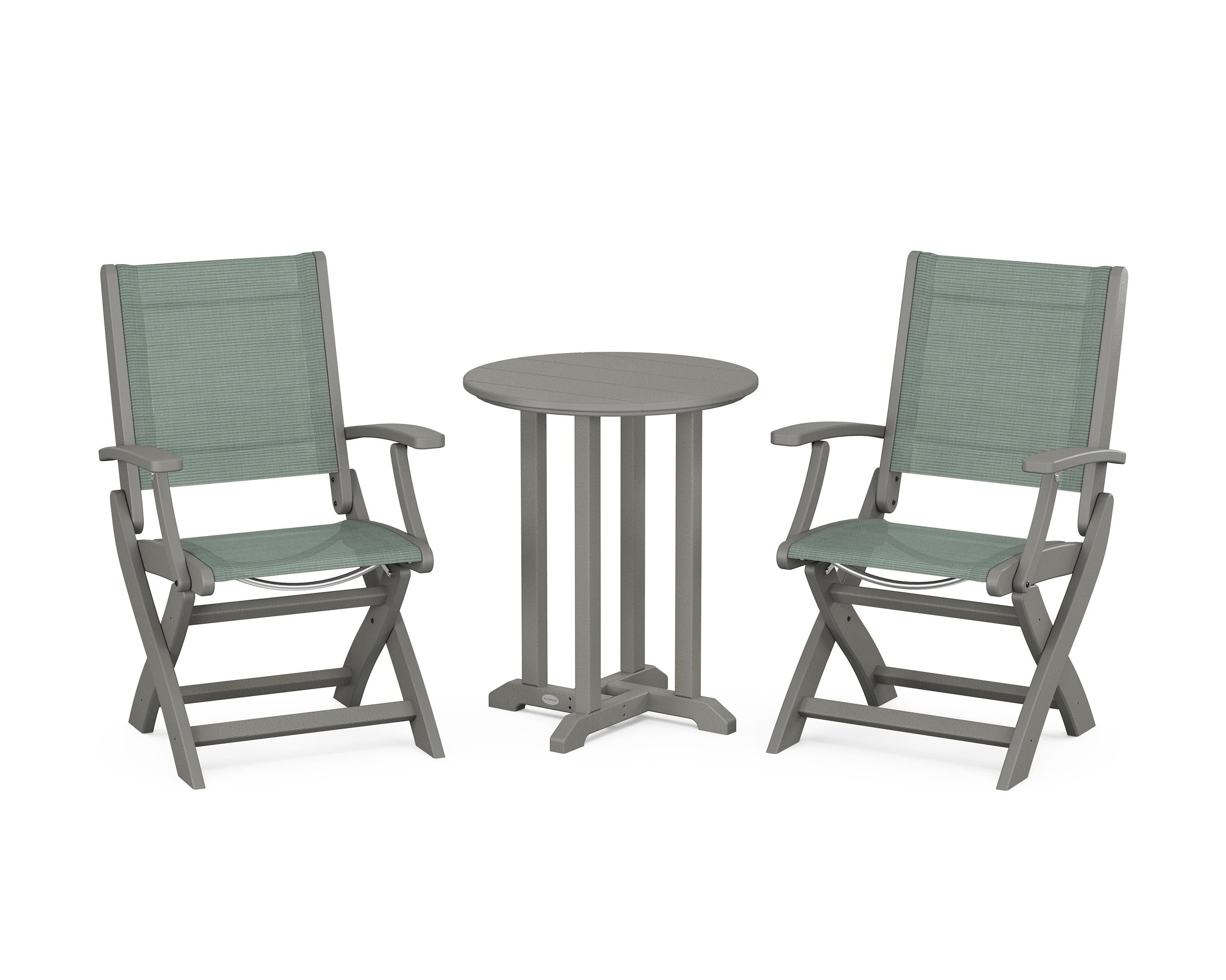 POLYWOOD® Coastal Folding 3-Piece Round Bistro Dining Set in Slate Grey / Dupioni Sea Mist Sling