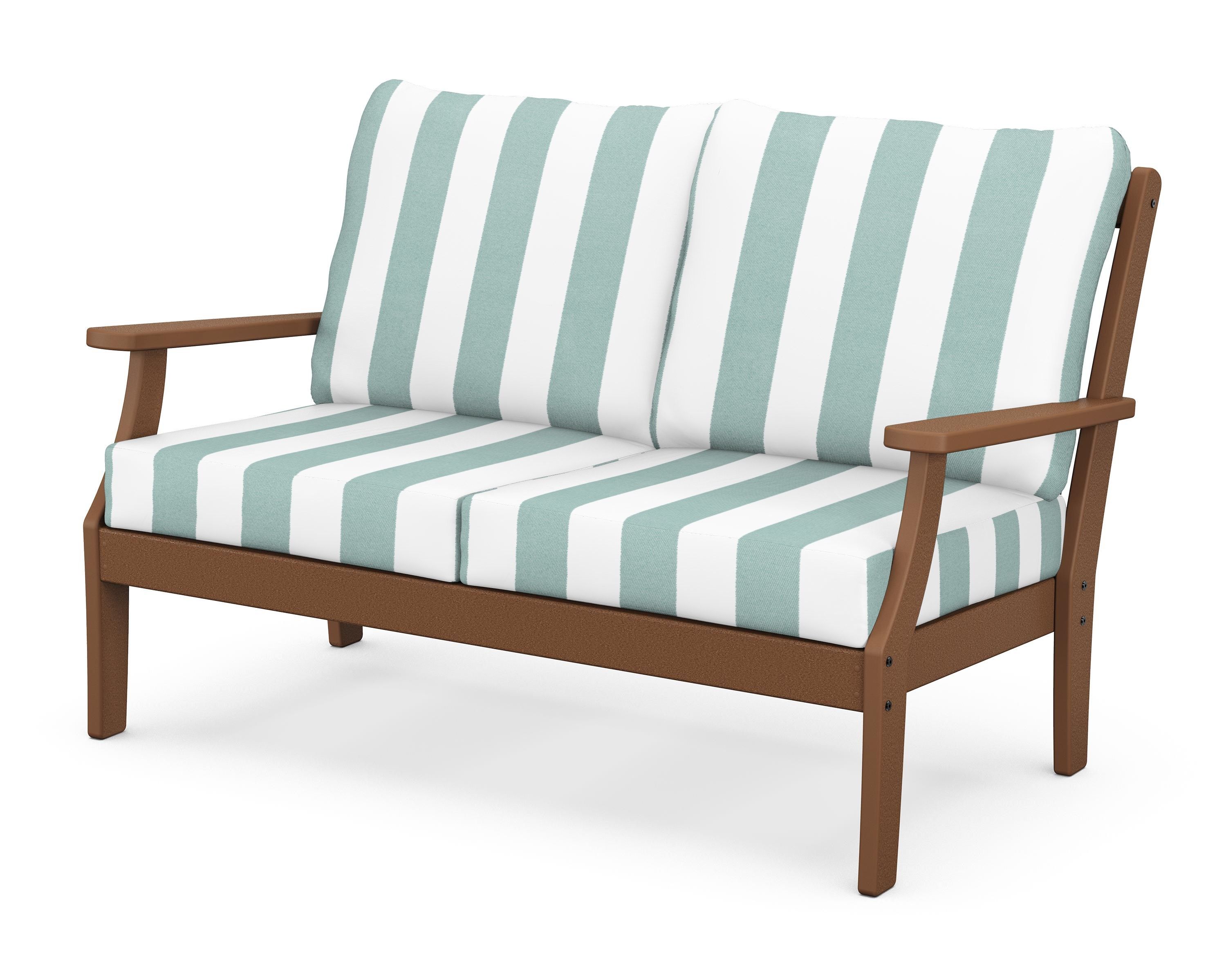 POLYWOOD® Braxton Deep Seating Loveseat in Teak / Cabana Stripe Glacier Spa