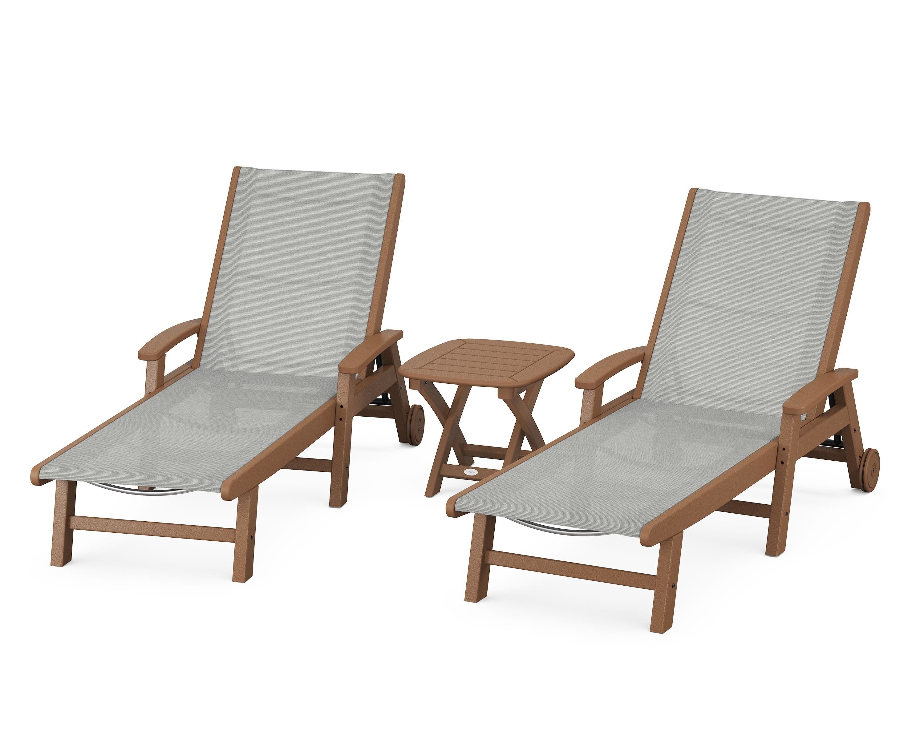 POLYWOOD® Coastal 3-Piece Wheeled Chaise Set in Teak / Metallic Sling