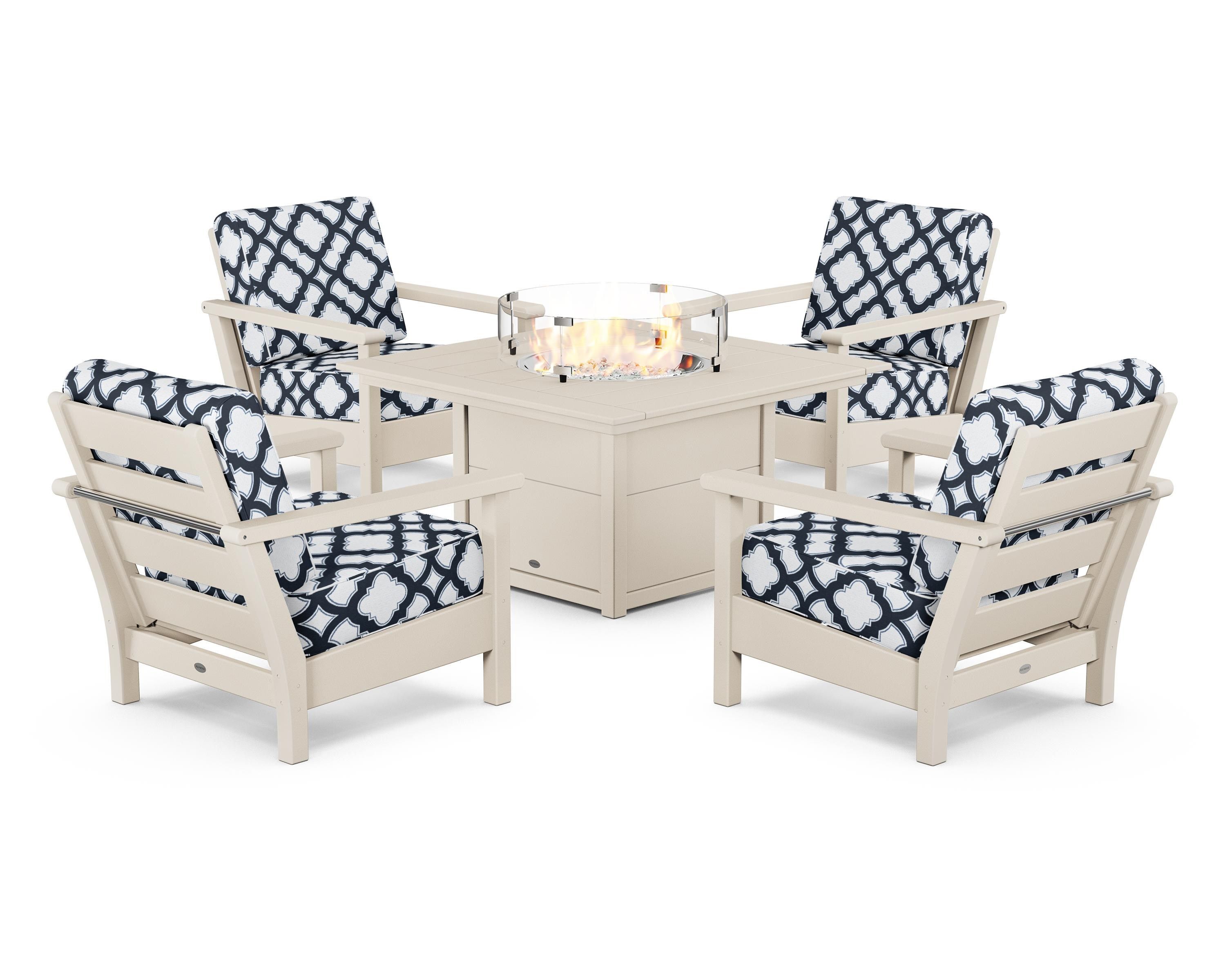 POLYWOOD® Harbour 5-Piece Conversation Set with Fire Pit Table in Sand / Trellis Marine Indigo