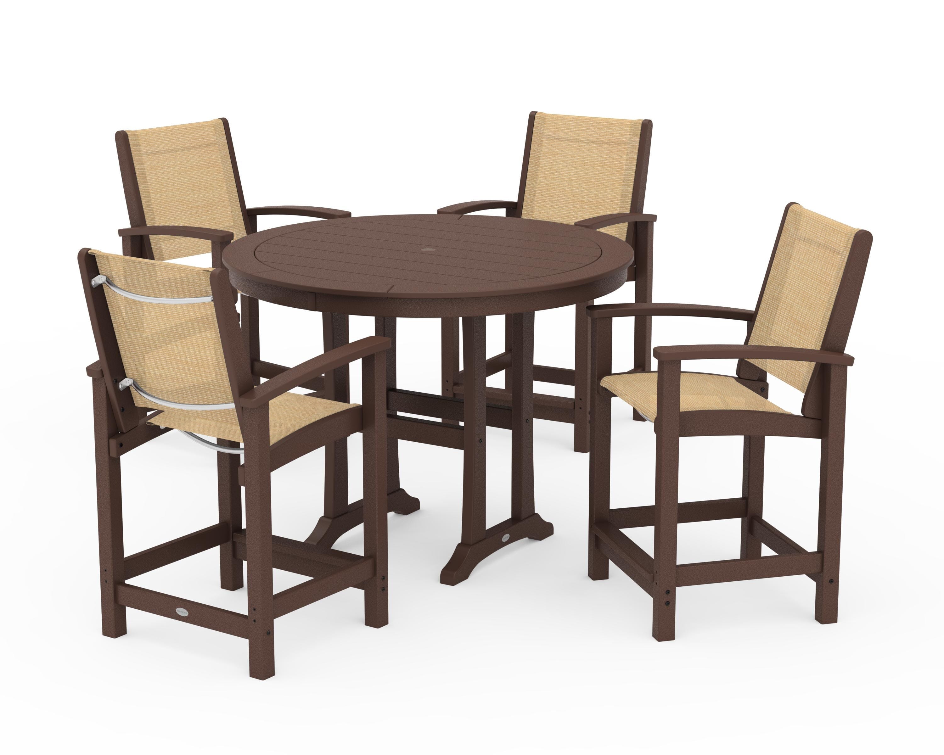 POLYWOOD® Coastal 5-Piece Counter Set in Mahogany / Dupioni Apricot Sling