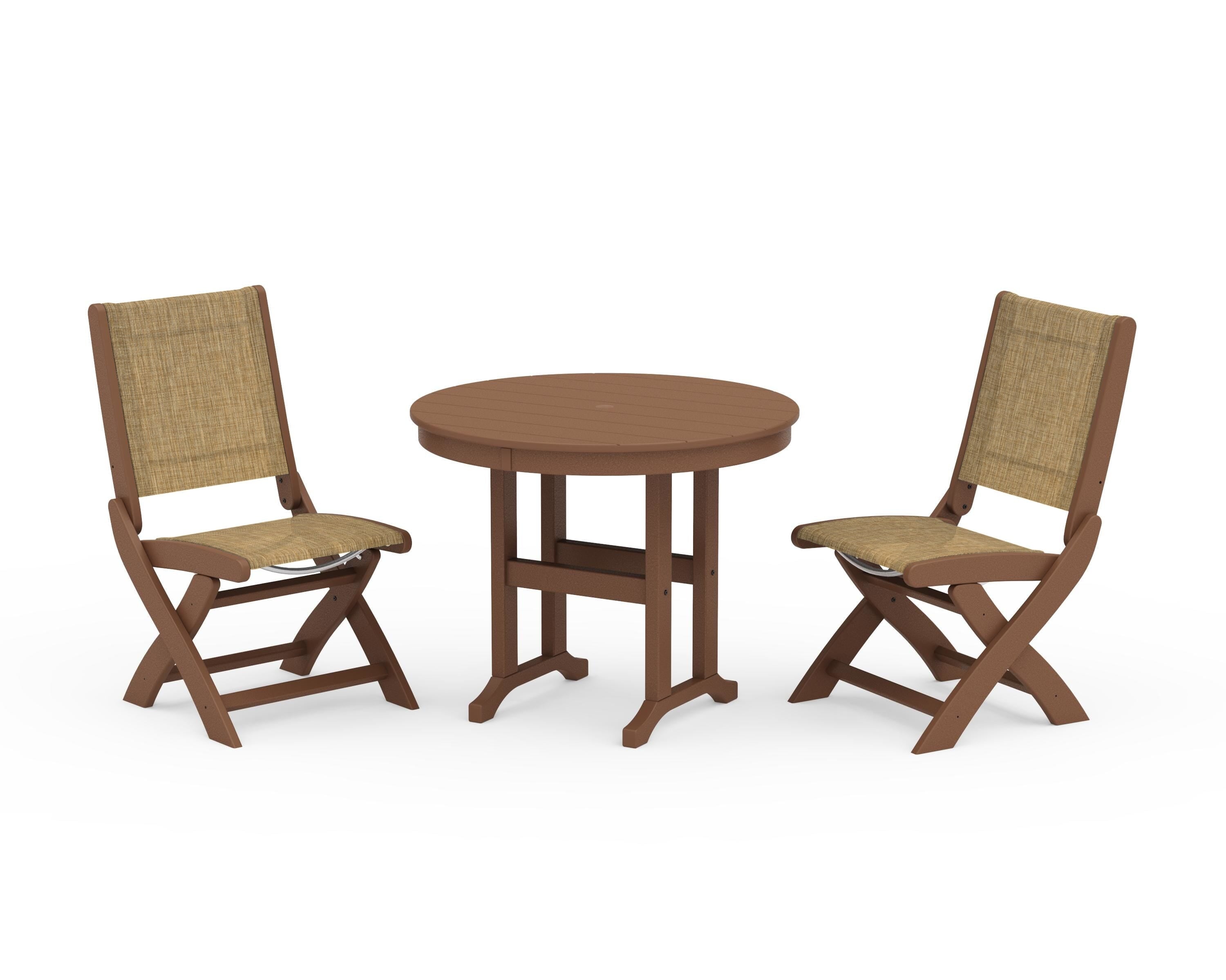 POLYWOOD® Coastal Folding Side Chair 3-Piece Round Dining Set in Teak / Burlap Sling