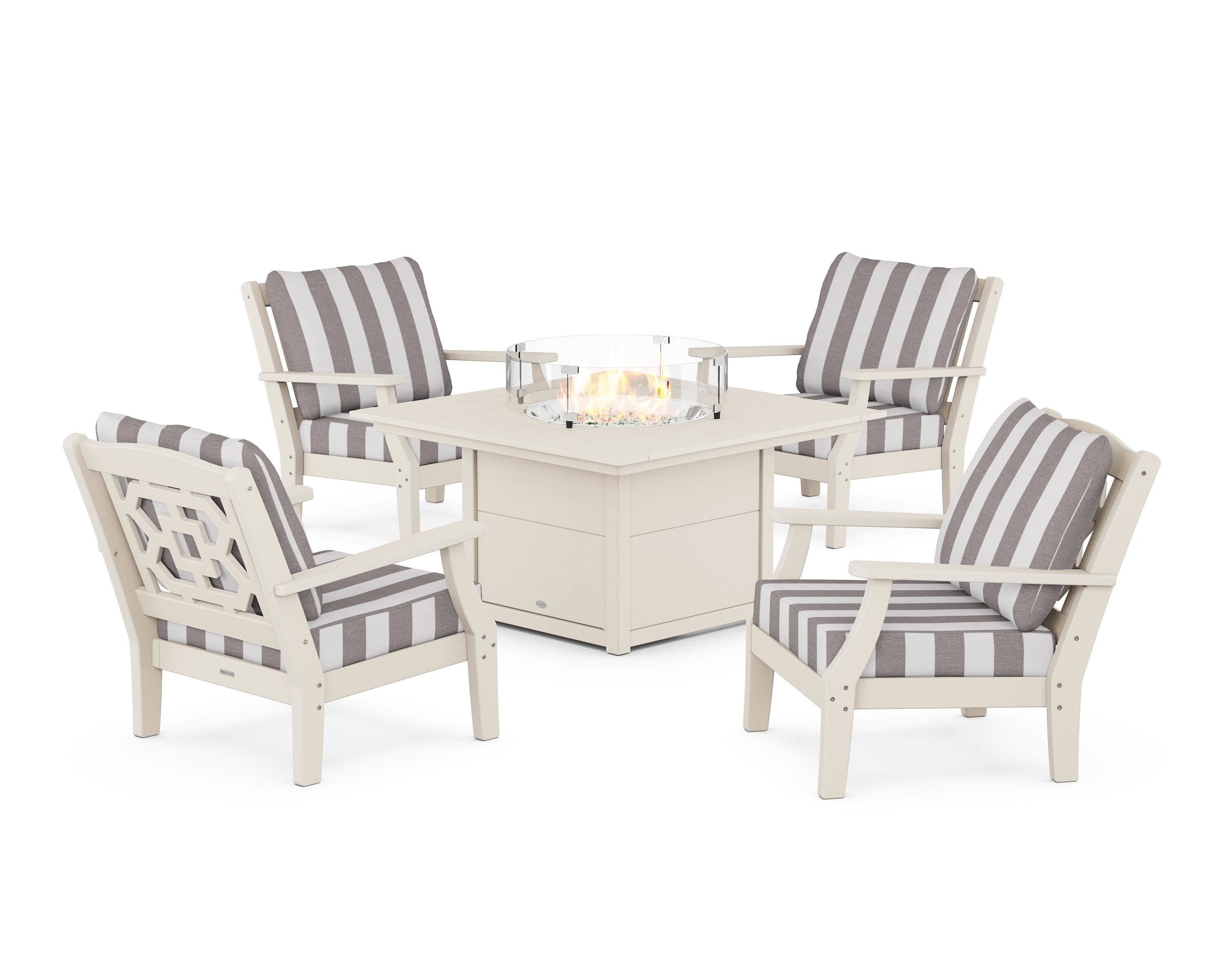 Martha Stewart by POLYWOOD® Chinoiserie 5-Piece Deep Seating Set with Fire Pit Table in Sand / Cabana Stripe Grey Mist