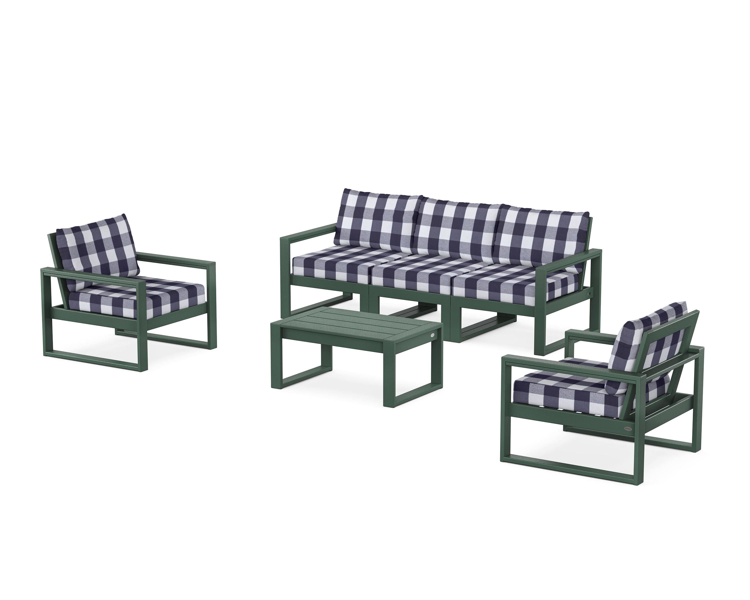 POLYWOOD® EDGE Sectional 4-Piece Deep Seating Set with Sofa in Green / Buffalo Plaid Navy