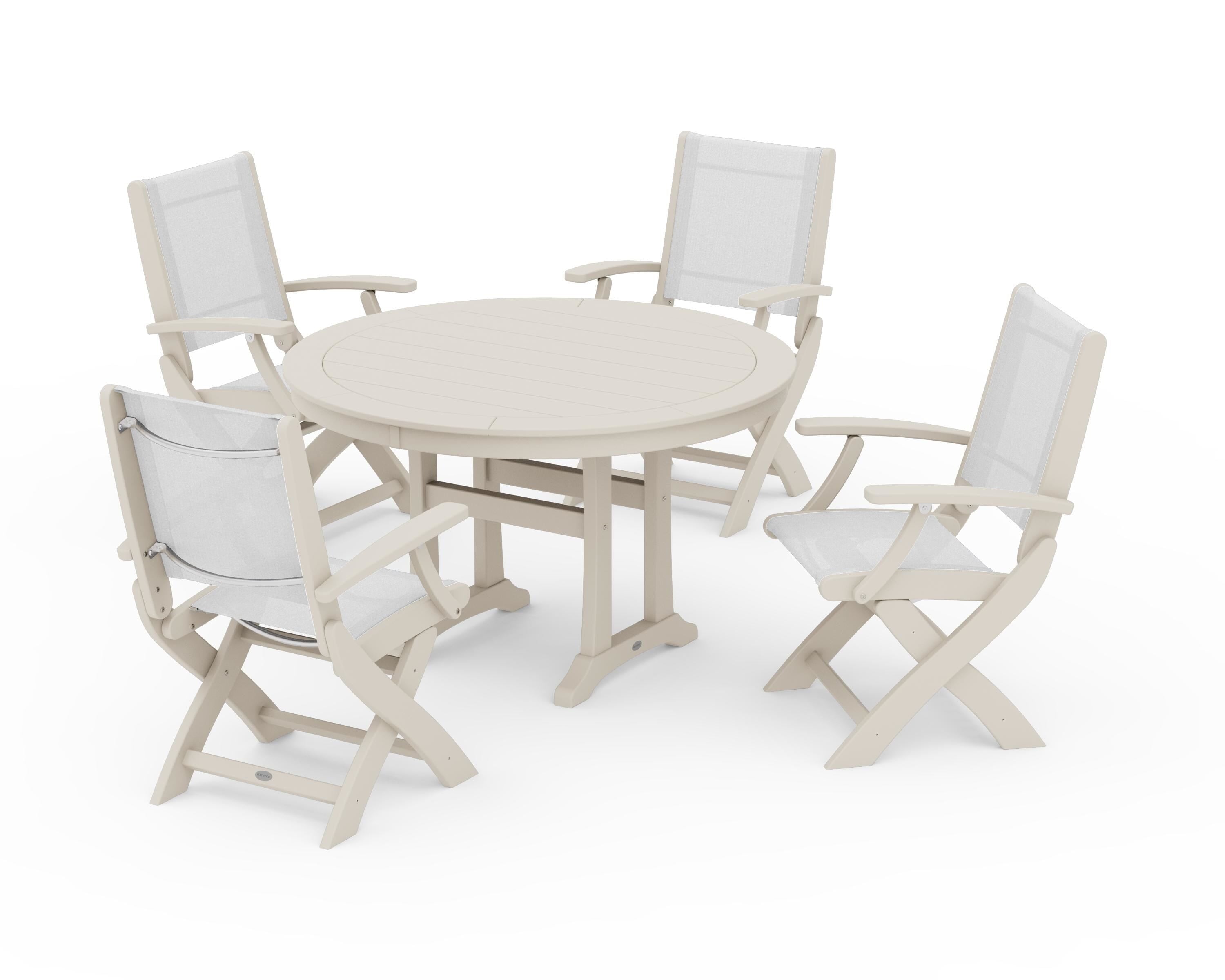 POLYWOOD® Coastal Folding Chair 5-Piece Round Dining Set with Trestle Legs in Sand / White Sling