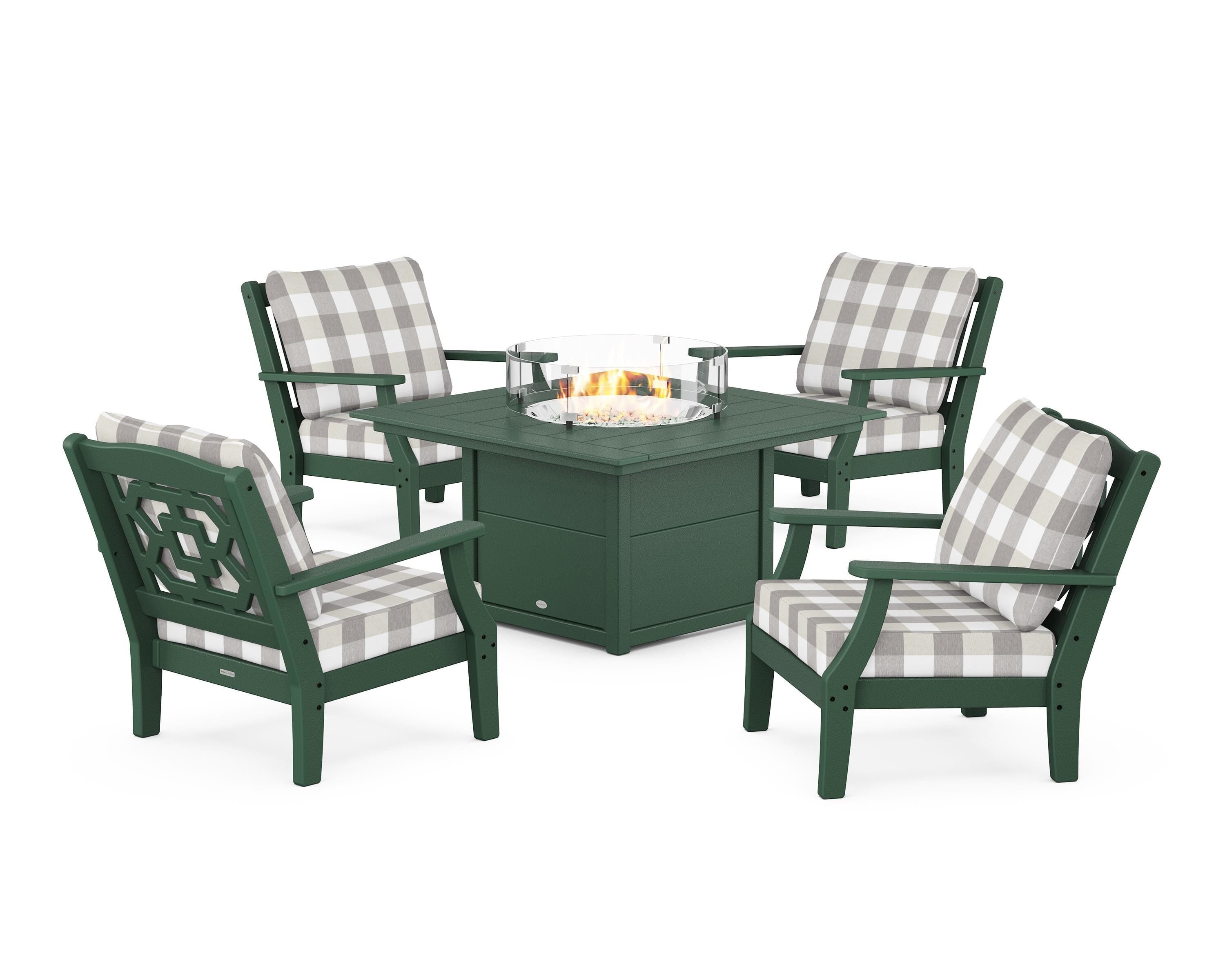 Martha Stewart by POLYWOOD® Chinoiserie 5-Piece Deep Seating Set with Fire Pit Table in Green / Buffalo Plaid Grey Mist
