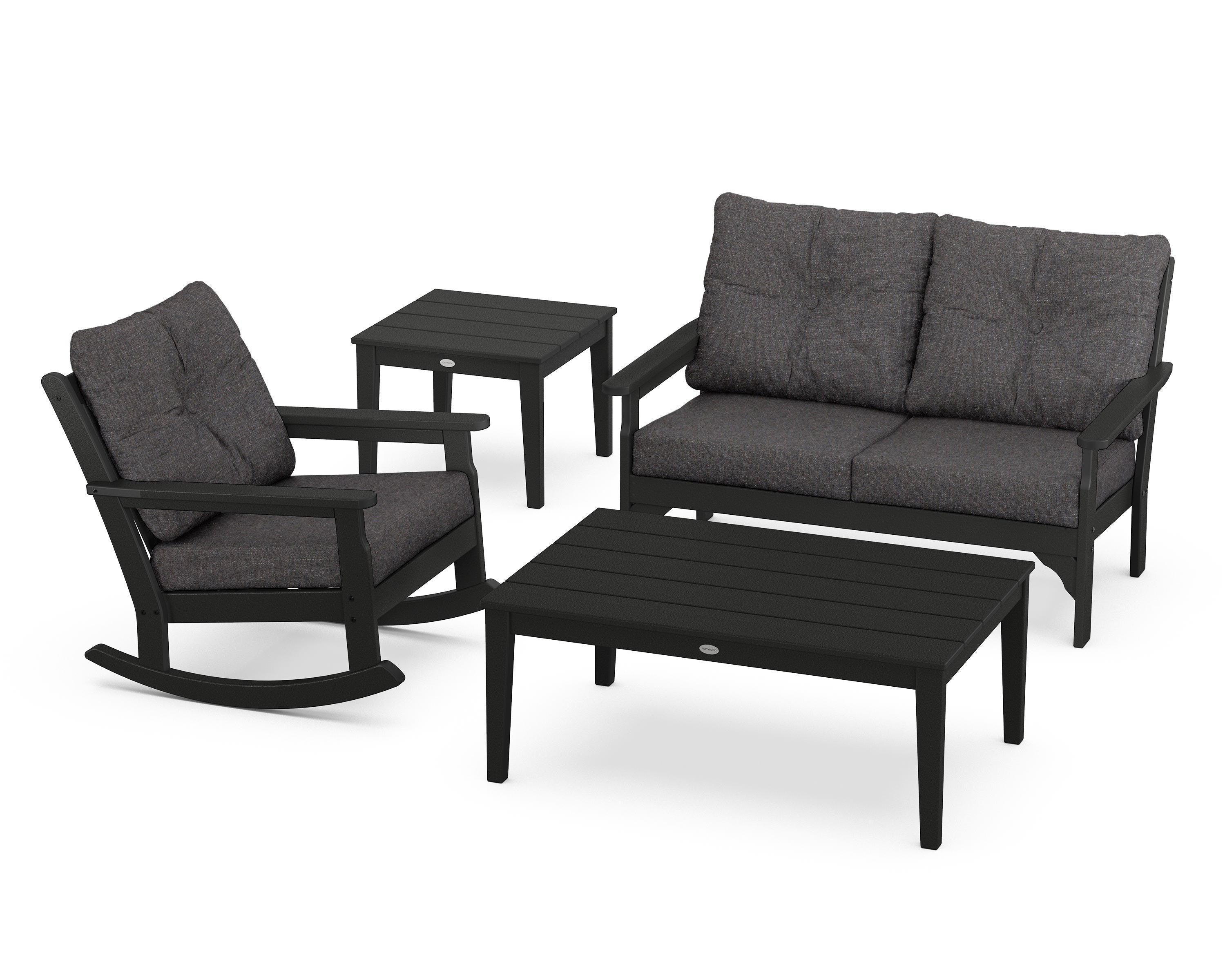 POLYWOOD® Vineyard 4-Piece Deep Seating Rocker Set in Black / Ash Charcoal